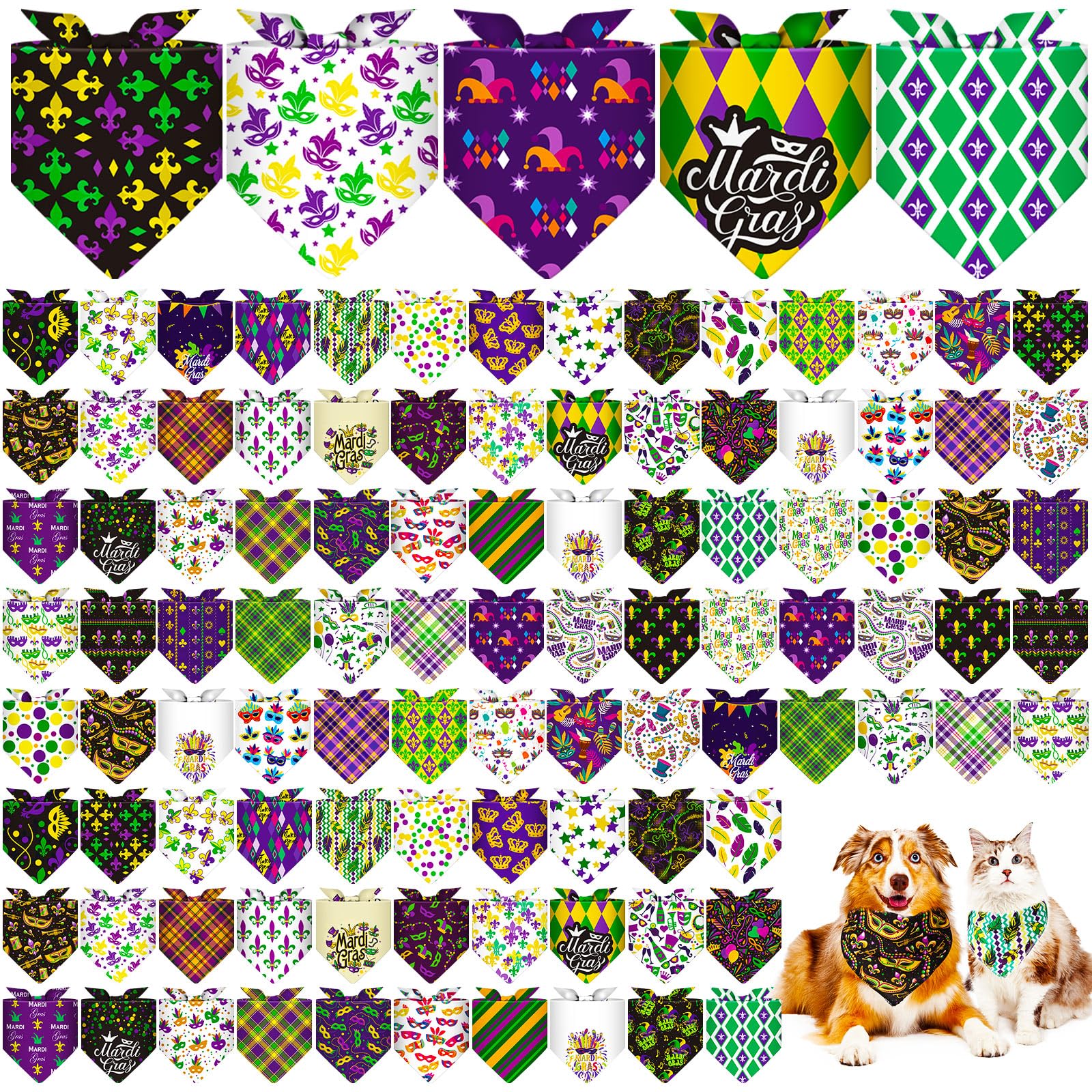 Paterr 100 Pieces Dog Bandanas Bulk Mardi Gras Pet Handkerchief Carnival Soft Dog Triangle Bibs Cute Kerchief Adjustable Washabl