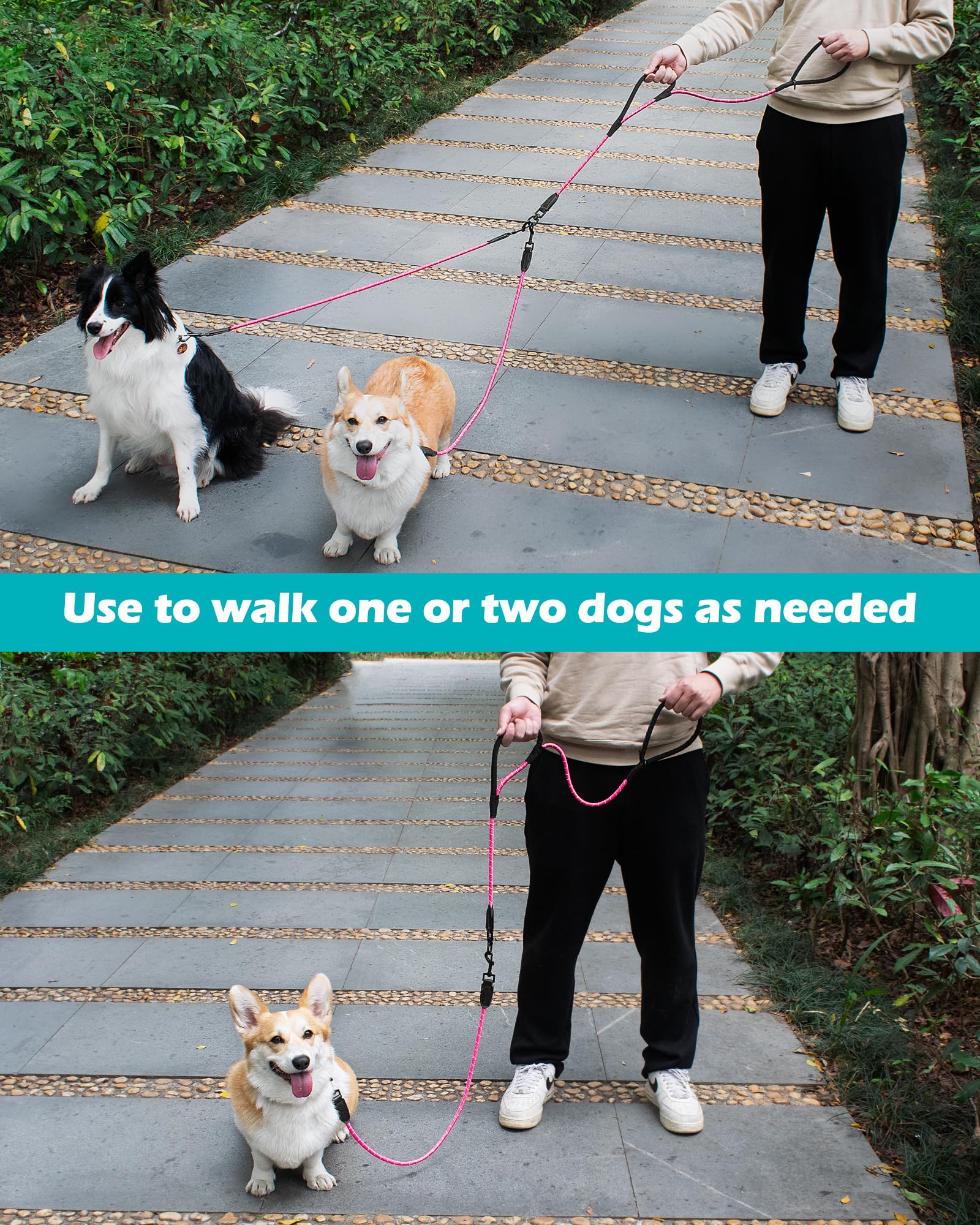Petbonus Rope Double Dog Leash, No Tangle Dual Dog Leash, Reflective Walking Training Lead With Two Comfortable Padded Handles,