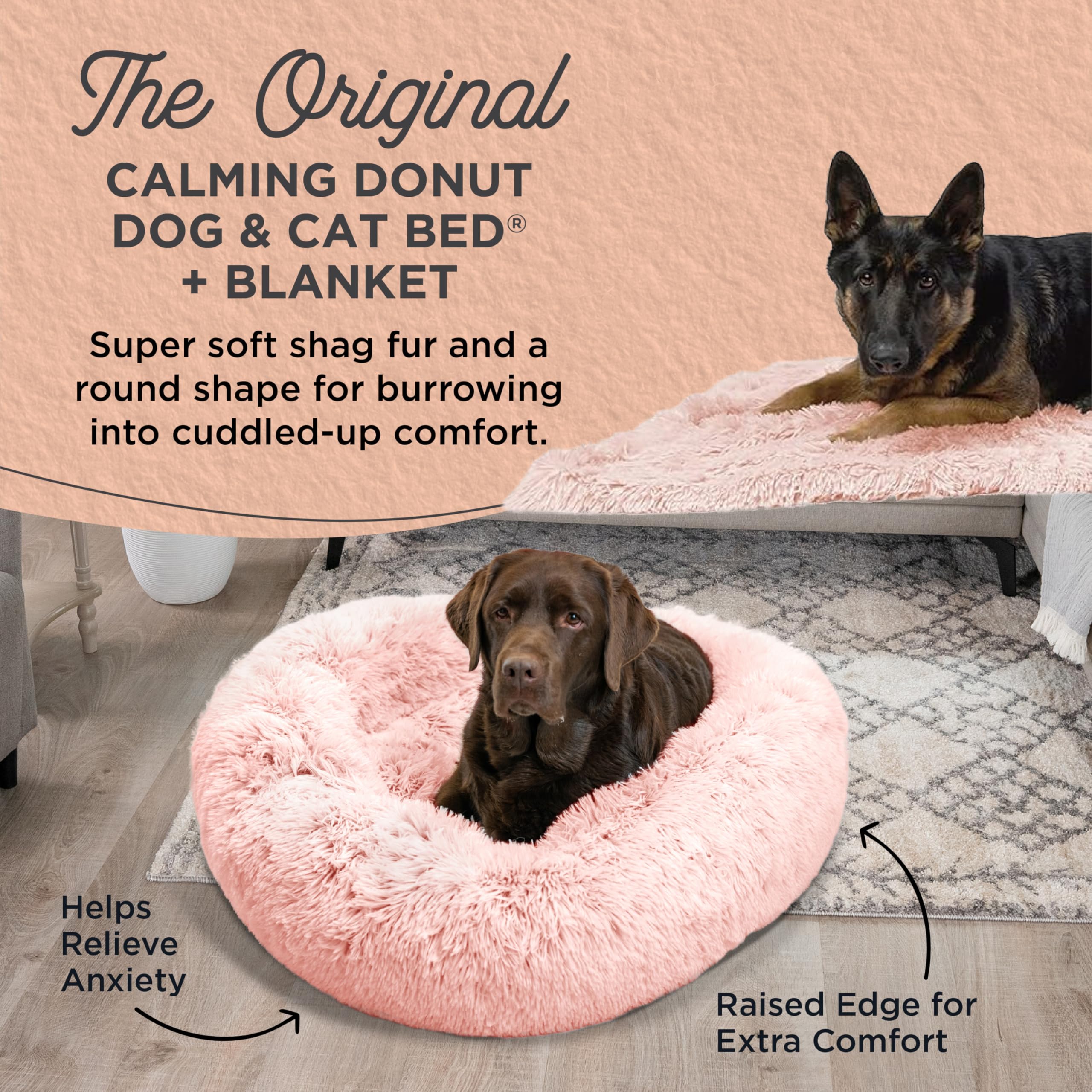 Best Friends by Sheri Bundle Set The Original Calming Shag Donut Cuddler Cat and Dog Bed + Pet Throw Blanket Cotton Candy Pink L