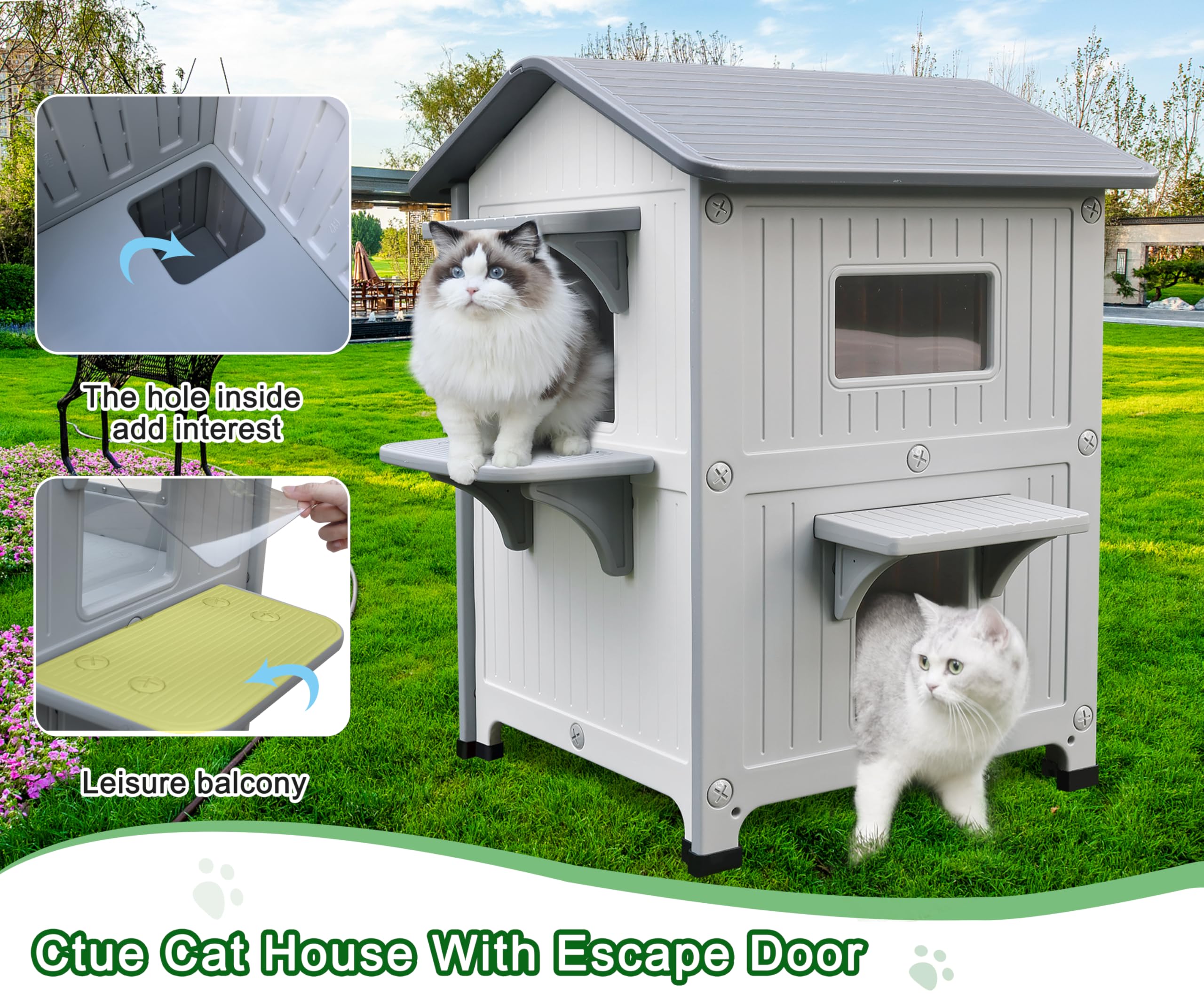 Rockever Luxury Plastic Outdoor Indoor Cat House With Escape Door, Waterproof 2 Story Outdoor Houses For Feral Cats Outside Cat