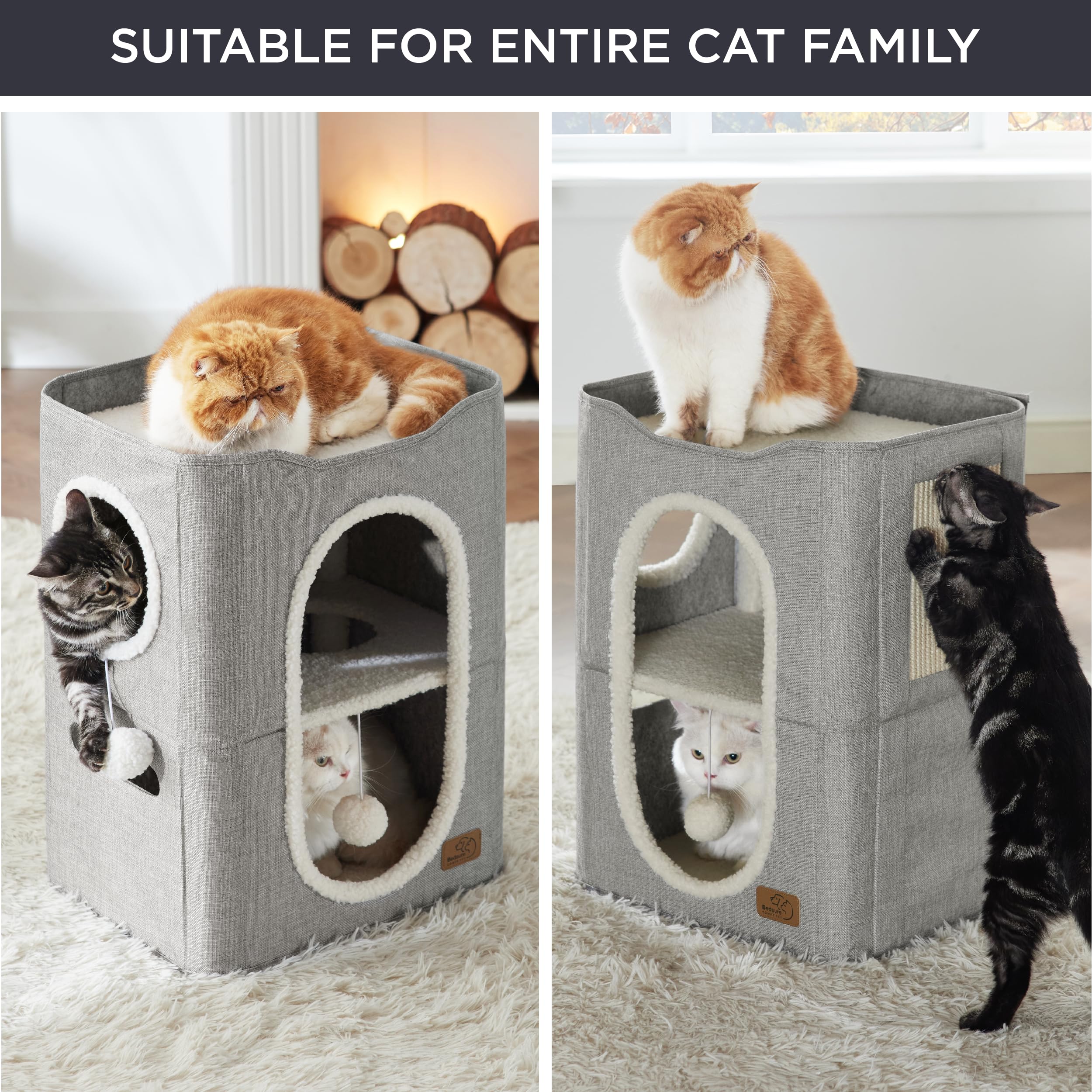 Bedsure 2-Level Cat House For Indoor Cats - Small Cat Towers With Scratch Pad And Hideaway Condo, Cat Cave Bed Furniture For Multi Pets And Large Cats, 18X14X23 Inches, Grey