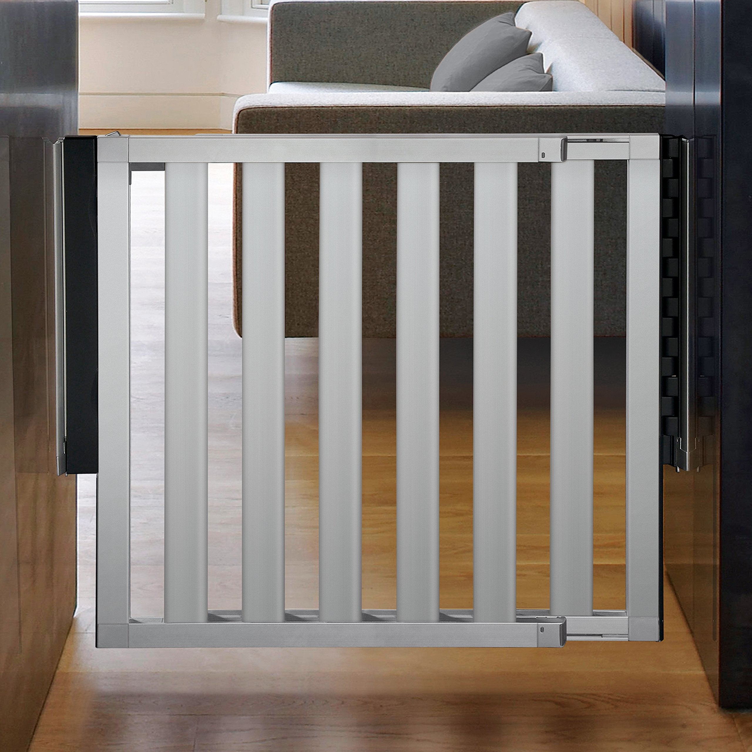 Munchkin Loft Hardware Mounted Baby Gate, Silver Aluminum, for Stairs & Doors, Extends 26.5-40, 40x30.5 Inch, Safe & Durable