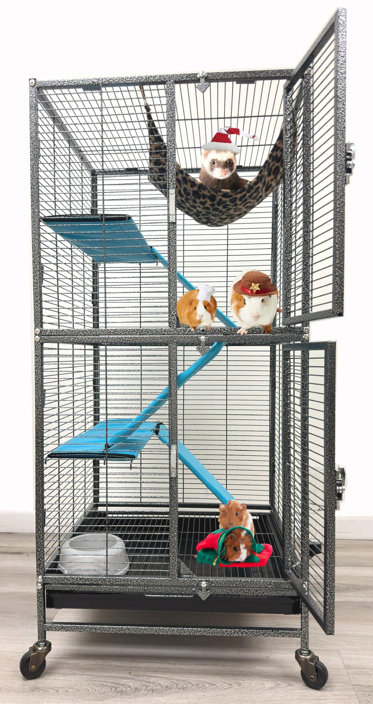 Deluxe Double Unit Two Full Story Durable Front Doors Tight 1/2-Inch Wire Spacing Chew-Free Small Animal Critter Home Cage Water