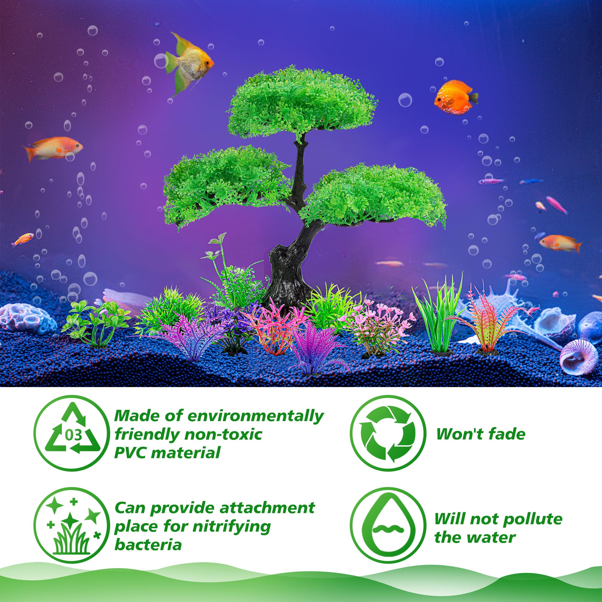 Ameliade Aquarium Artificial Plastic Plants Decoration, Green Tree & Grass Aquarium Decor, Goldfish Tank Decorations Set, Betta