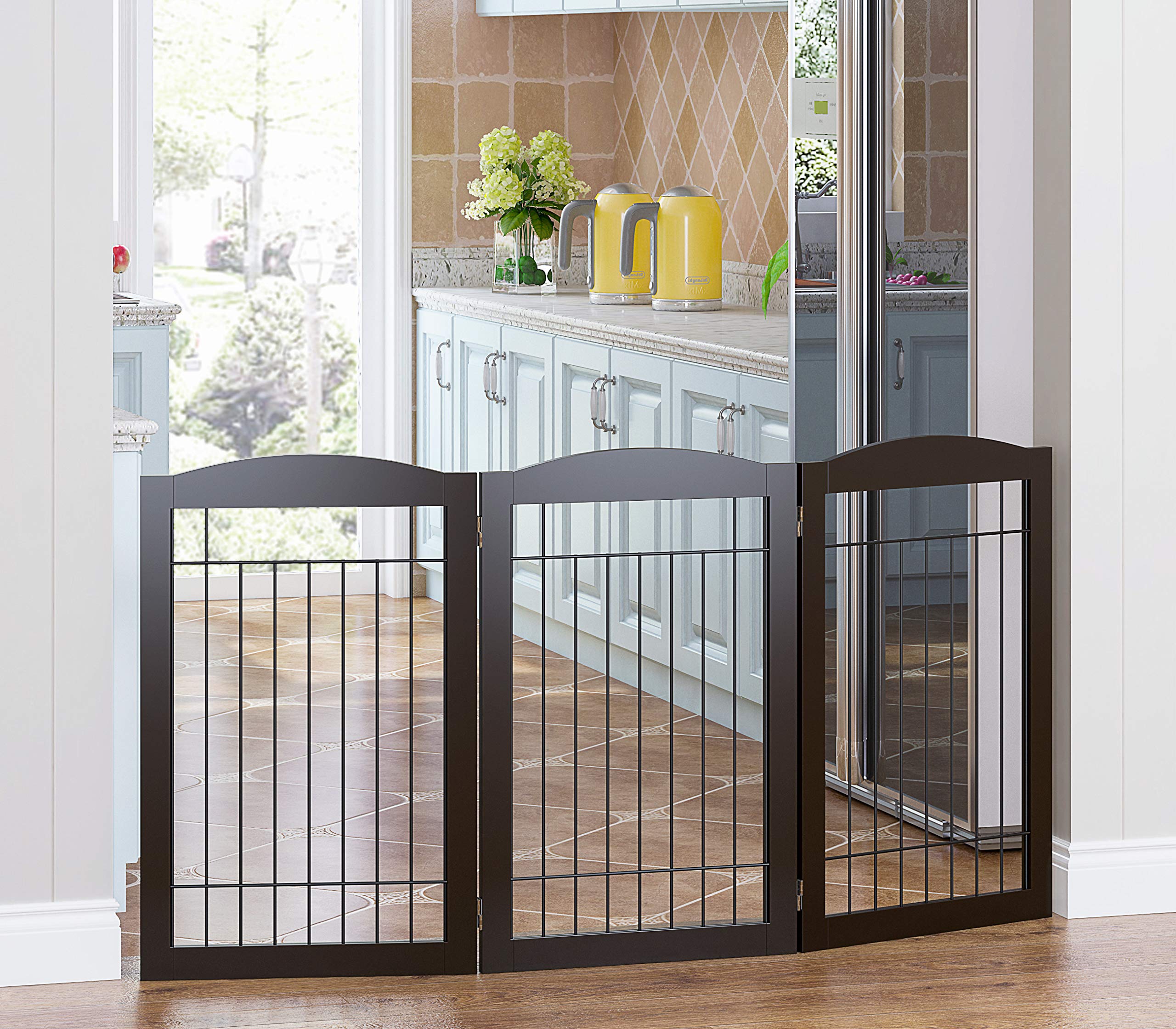 Spirich Freestanding Foldable Wire Pet Gate - 60" Wide, 30" Tall, 3 Panels, Espresso, Metal - Ideal for Dogs, Doorways, and Stairs