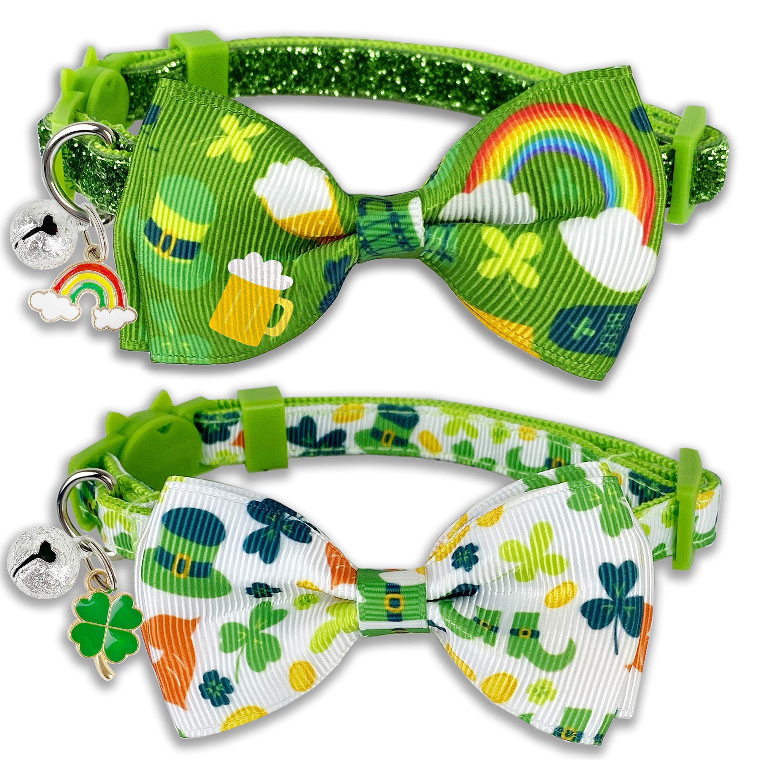 St. Patrick'S Cat Collar With Bow Tie And Bell, Kitty Kitten Breakaway Lucky Irish Shamrock Collar For Girls And Boys Male Femal