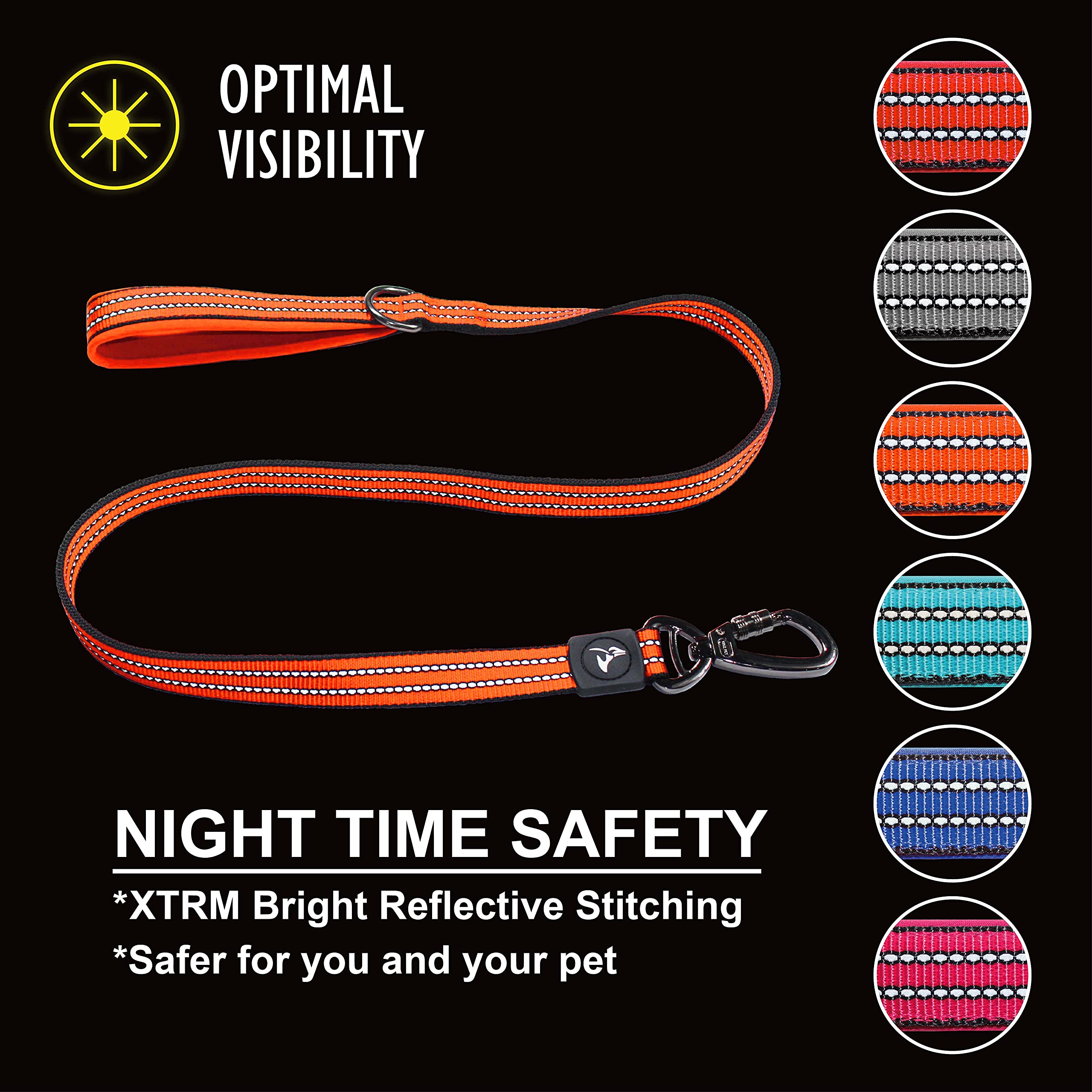 Kruz Pet 4' Long Reflective Heavy Duty Click Lock Hook Leash Strong, Secure Nylon Safety Lead With Locking Carabiner Clip - Pet