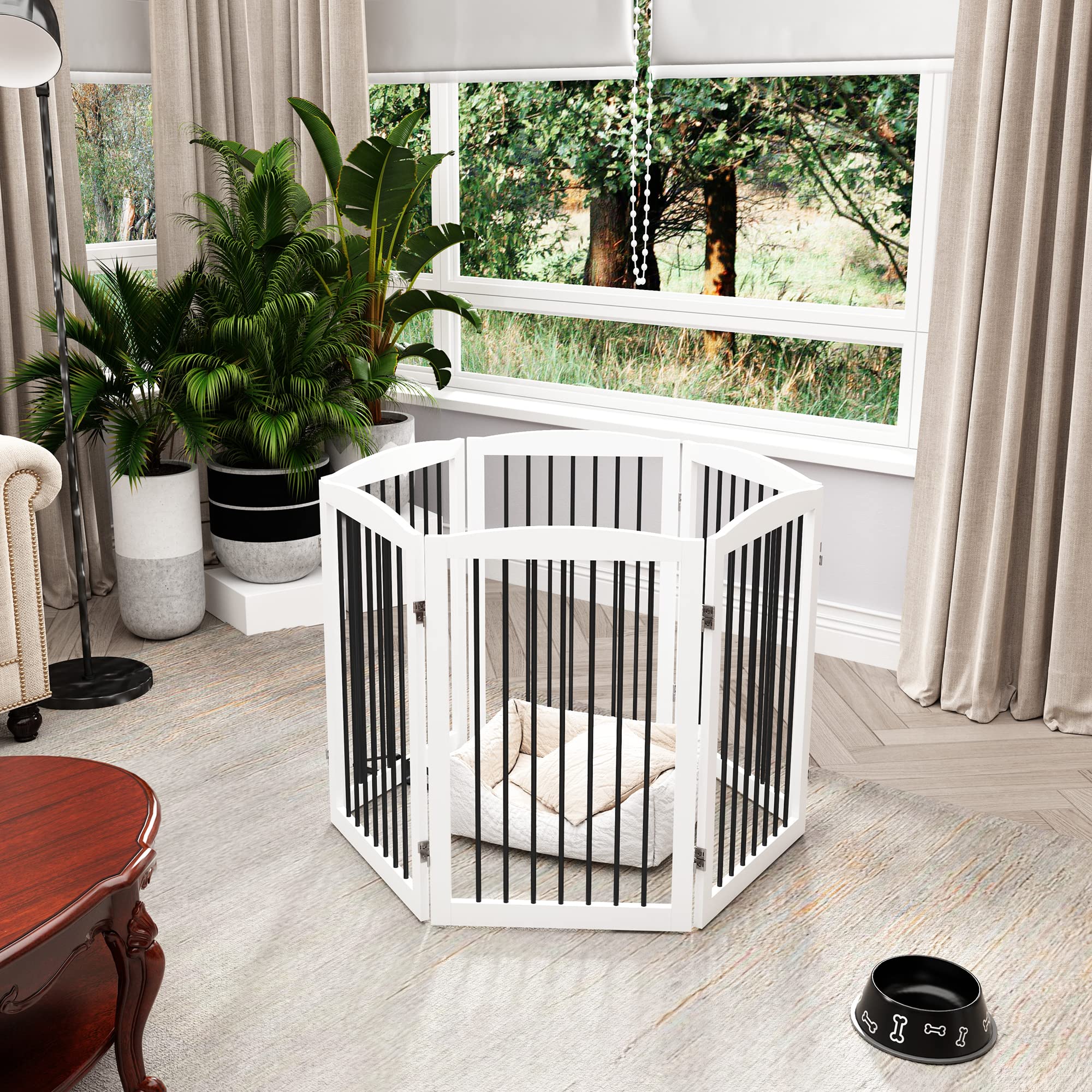 Pupetpo Freestanding Pet Gate For Dogs, Indoor Wooden Dog Gate For House, Extra Wide Dog Gate, Foldable Dog Gate For Stairs, Doorways, Halls, Support Feet Included, 120 Inch Wide, 6 Panels 32', White