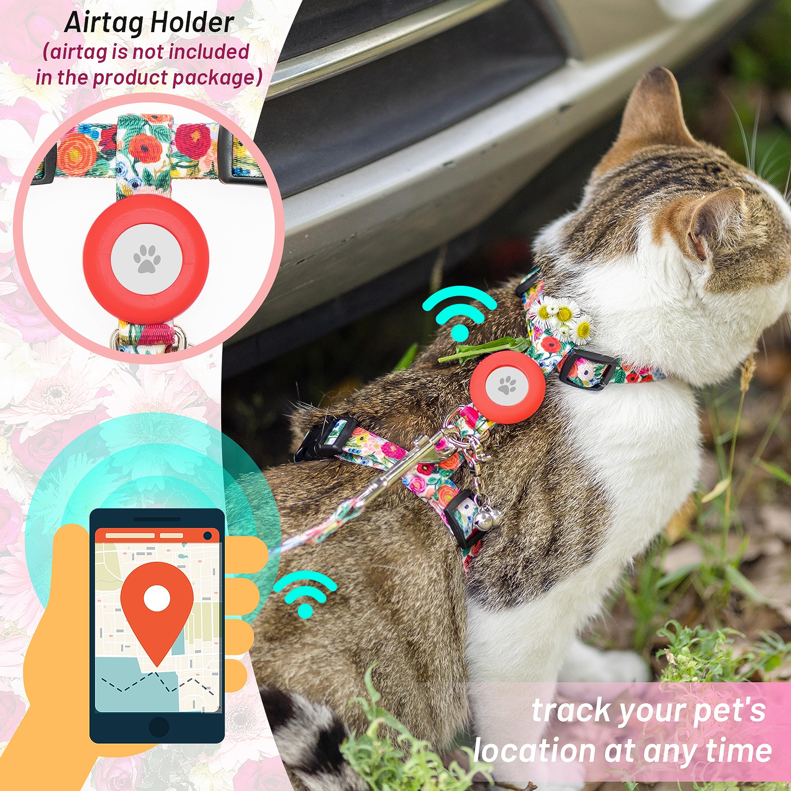 Cat Harness And Leash Escape Proof For Walking Travel Outdoor - Cute Floral Nylon Adjustable Cute Cat Harness Leash Set With Air