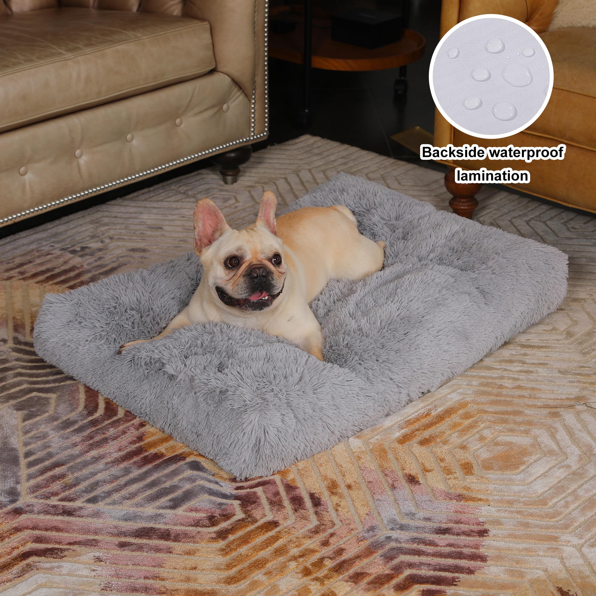 Bedfolks Waterproof Dog Crate Pad, Plush Dog Kennel Bed - Faux Fur, Washable - 35''X23'', Solid Light Grey