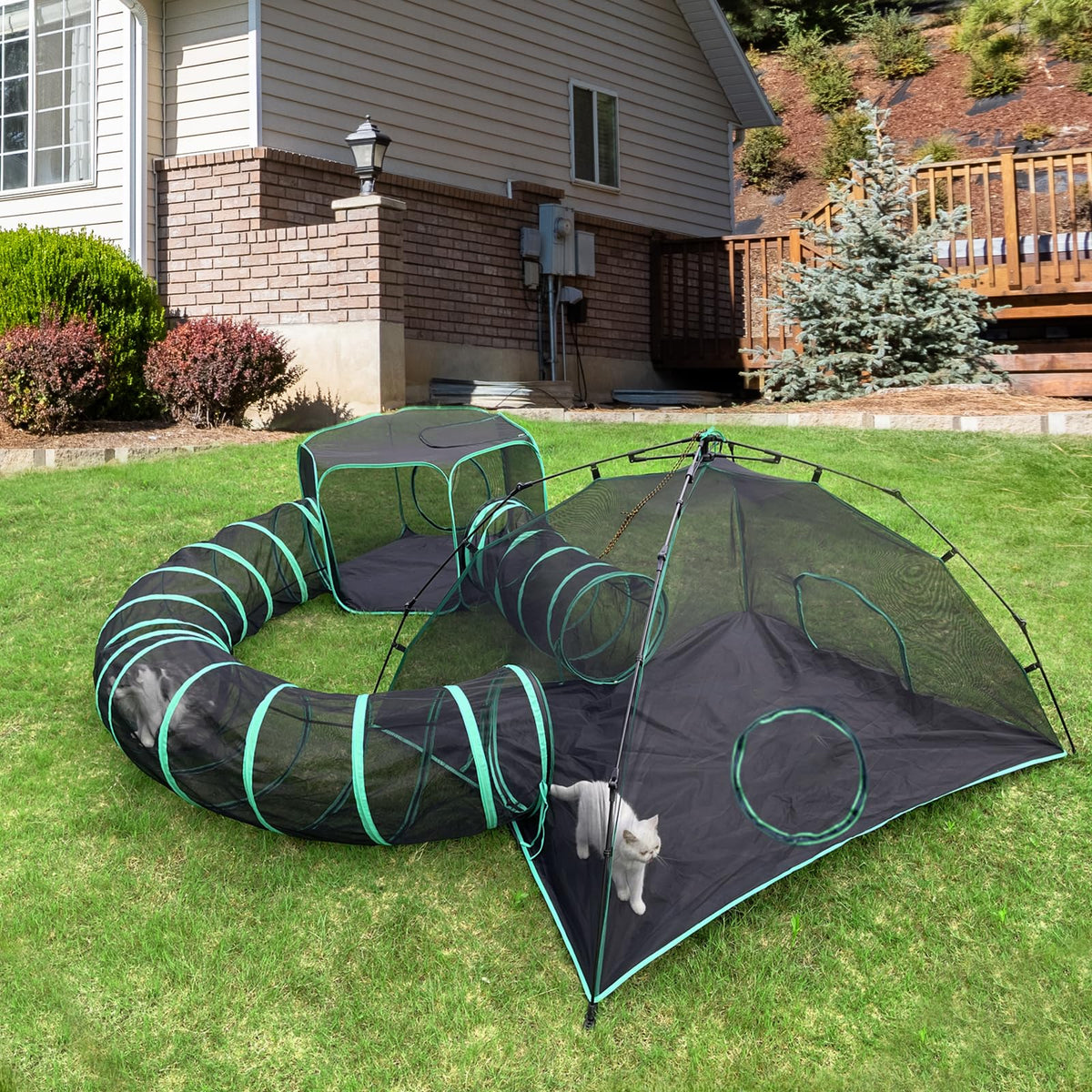 Pawtenda Cat Tents For Outside, Green Outdoor Cat Enclosures, Foldable Pet Playpen With Tunnels For Outside, Portable 4-In-1 Cat