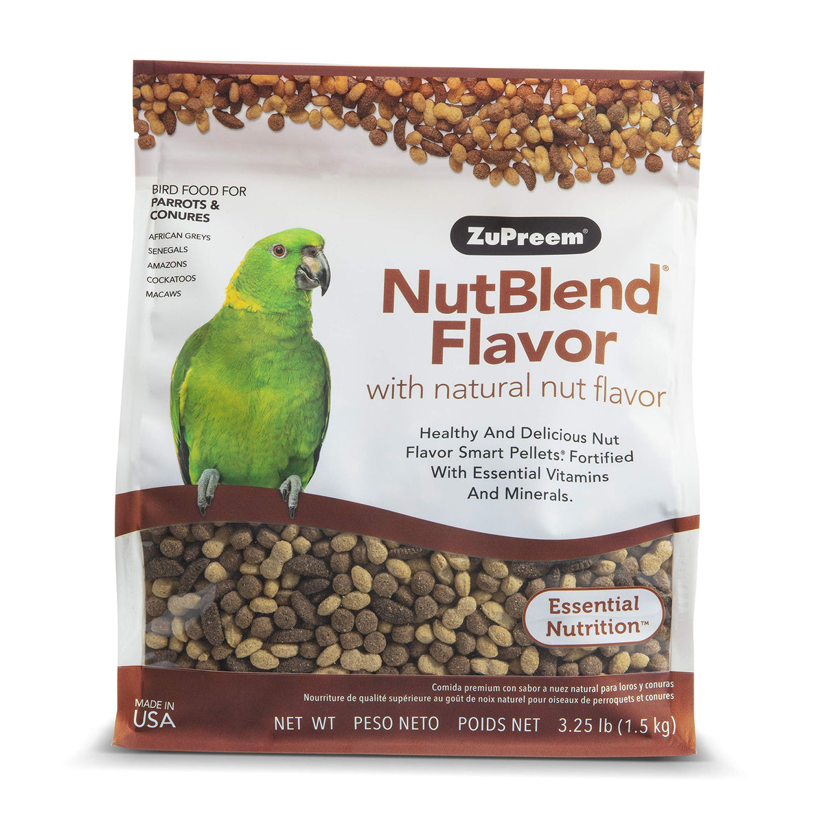 Zupreem Nutblend Bird Pellets, Daily Bird Food For Parrot, Conure, Caique, African Grey, Eclectus, Small Cockatoo, Core Nutrition For Medium Large Birds, Made In Usa, Parrot Food (M/L, 3.25 Lb)