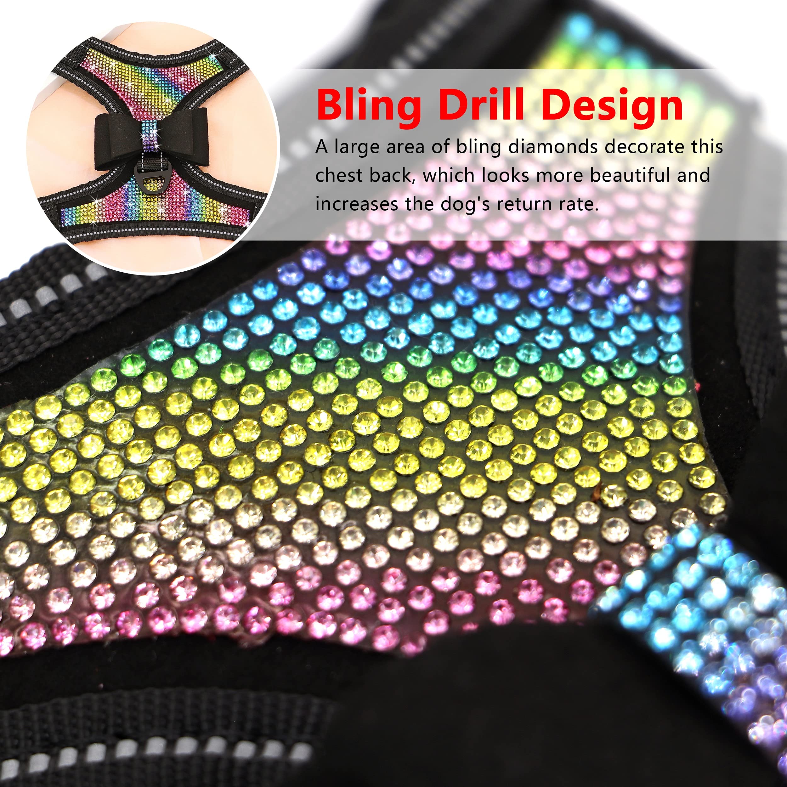 Beirui Rhinestone Dog Harness - Reflective Bling Nylon Dog Vest With Sparkly Bow Tie For Small Medium Large Dogs Walking,Wedding And Party,Black Colored Rhinestones,M