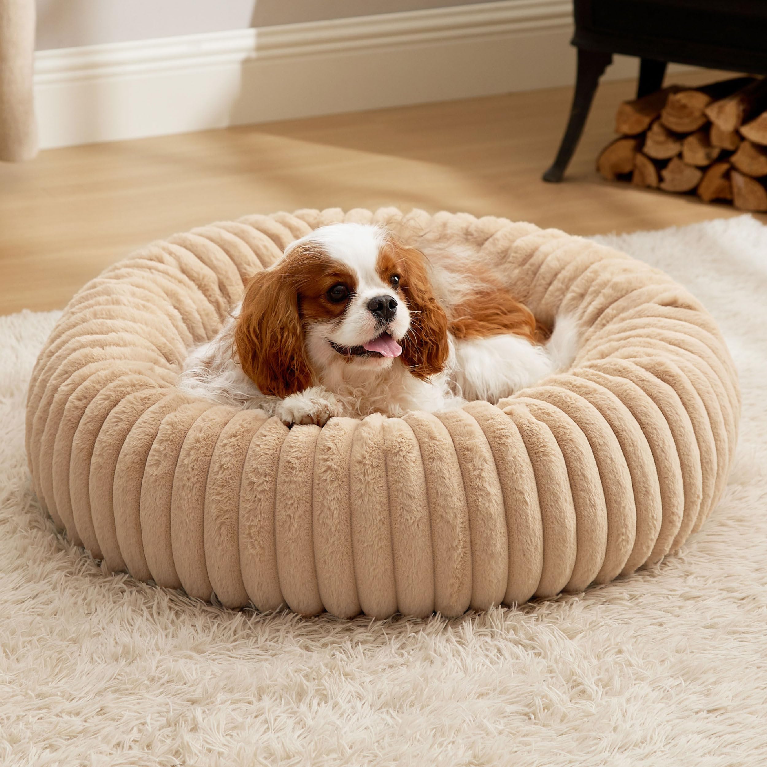 Bedsure Medium Dog Bed - Washable Faux Fur With Corduroy Fleece & Anti Slip Bottom, Round Pet Bed With Removable Cover, Sandy Ta