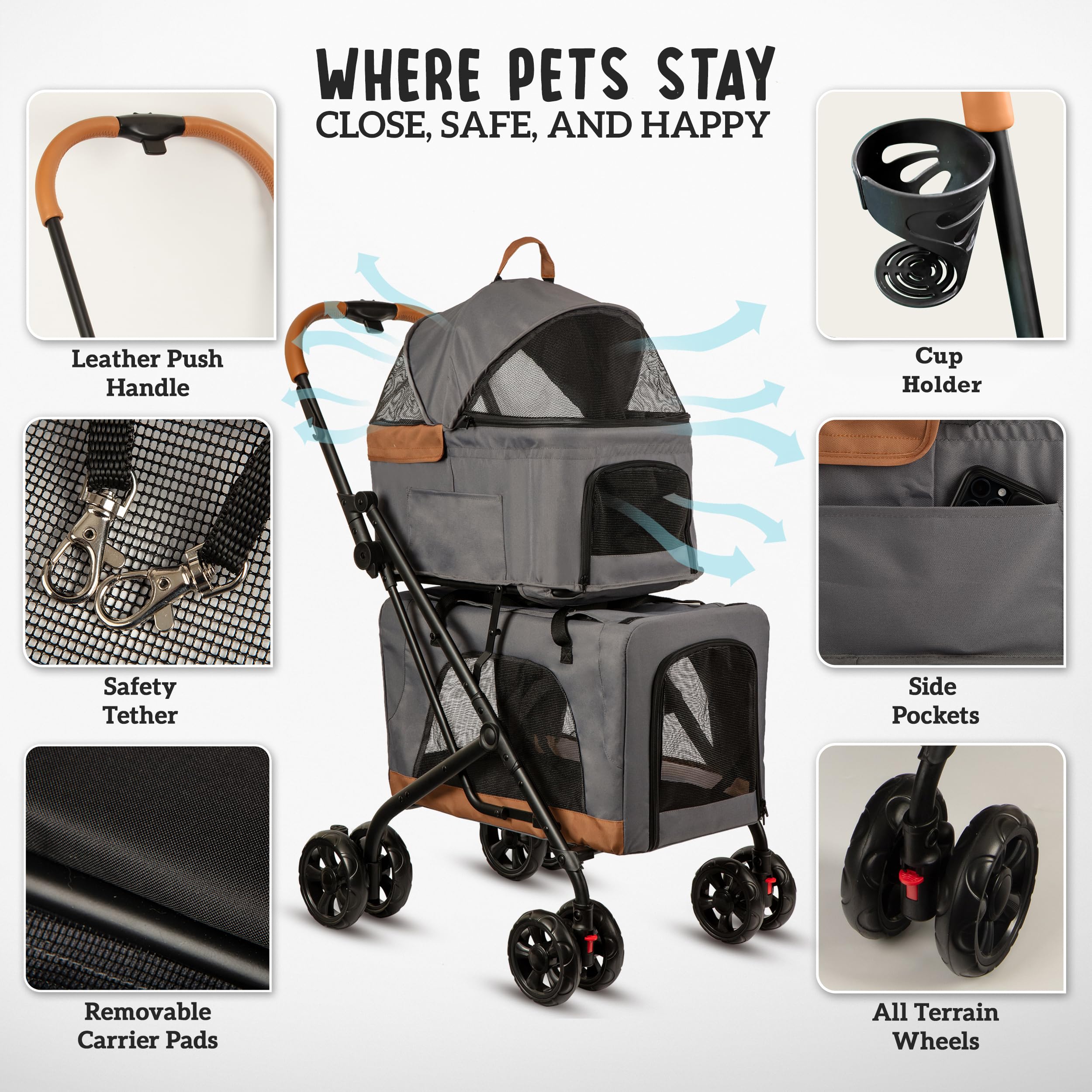 Double Pet Stroller With Detachable Carriers - Ideal For 2 Dogs Or Cats - Compact & Convenient Design - Easy Assembly Double Dog