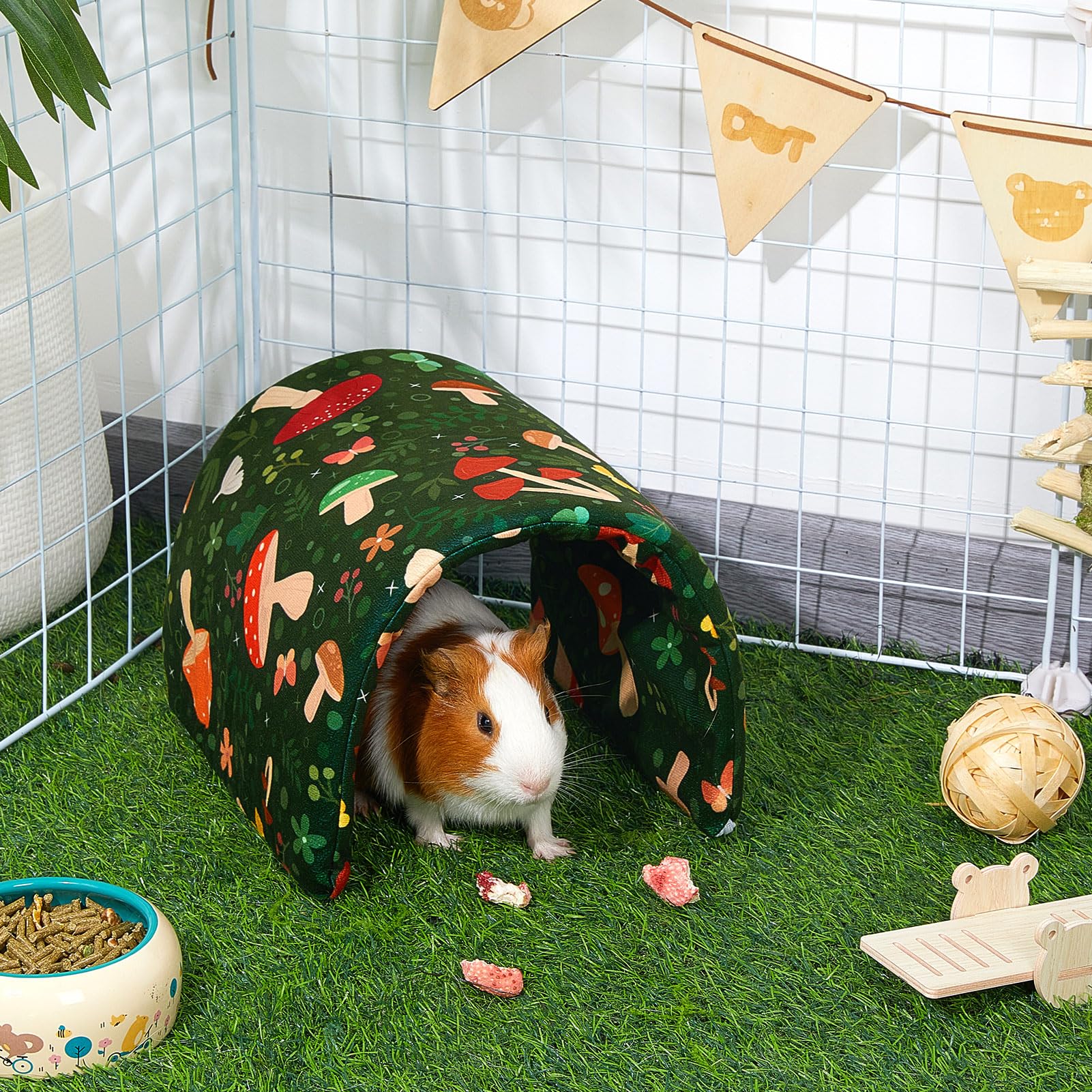 Bienbee Guinea Pig Tunnel And Hideout - Washable Rabbit Style Bunny House - Small Animal Forest-Themed Mushrooms