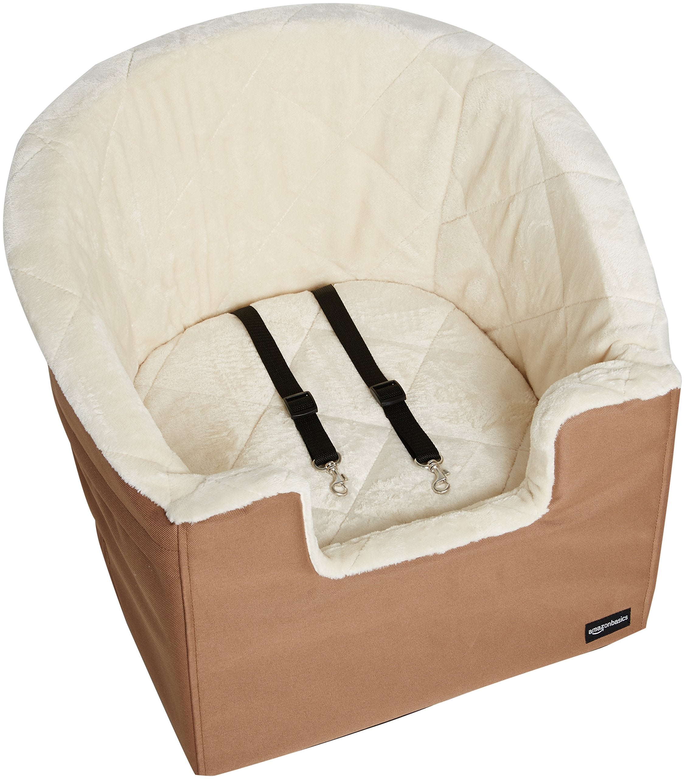 Amazon Basics Pet Car Booster Bucket Seat for Small Pets up to 25lbs, Machine Washable Cover, Clip-On Safety Leash, 18 x 18 x 16