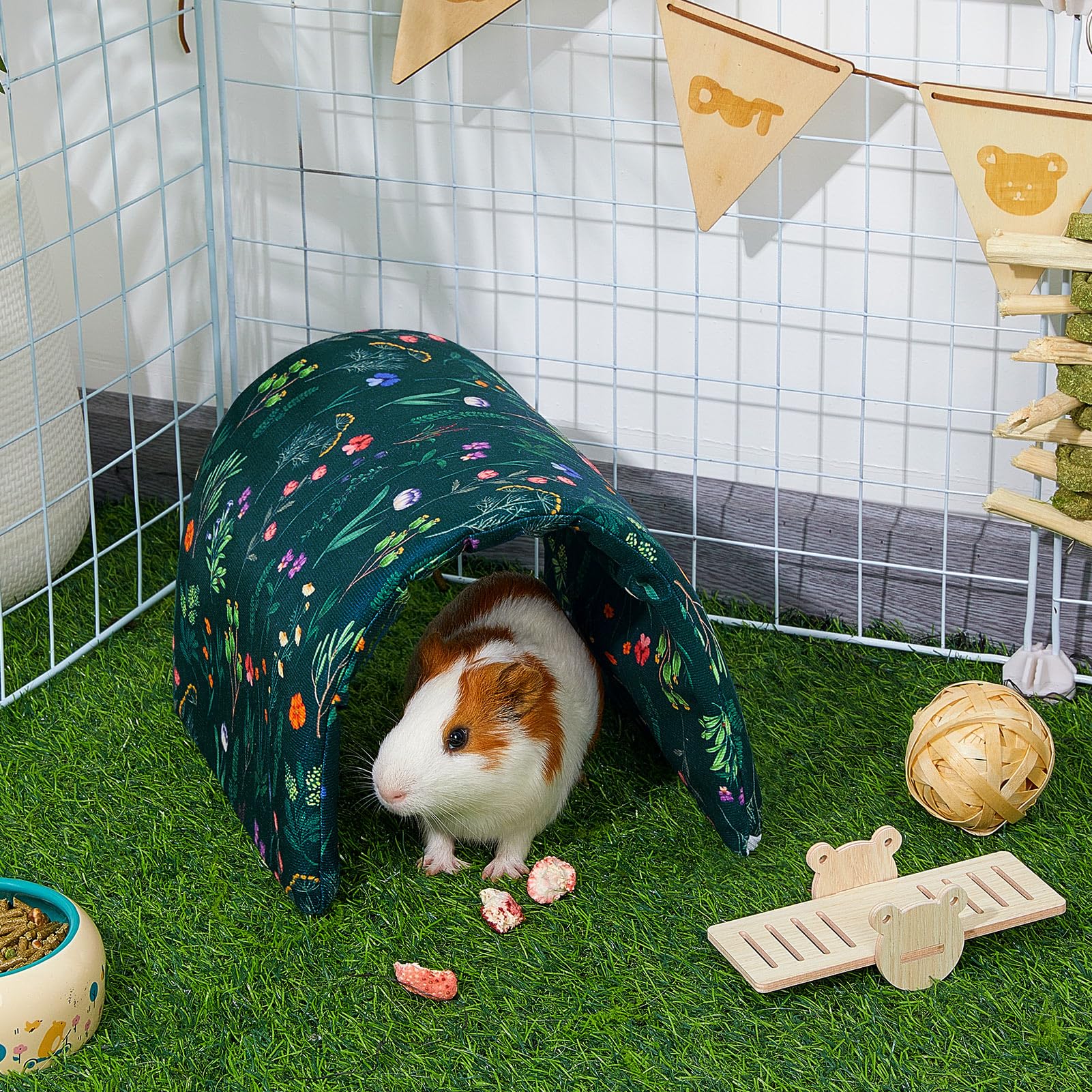 Bienbee Guinea Pig Tunnel & Hideout - Washable Rabbit Tunnel & Bunny House for Small Animals - Green Flowers Design