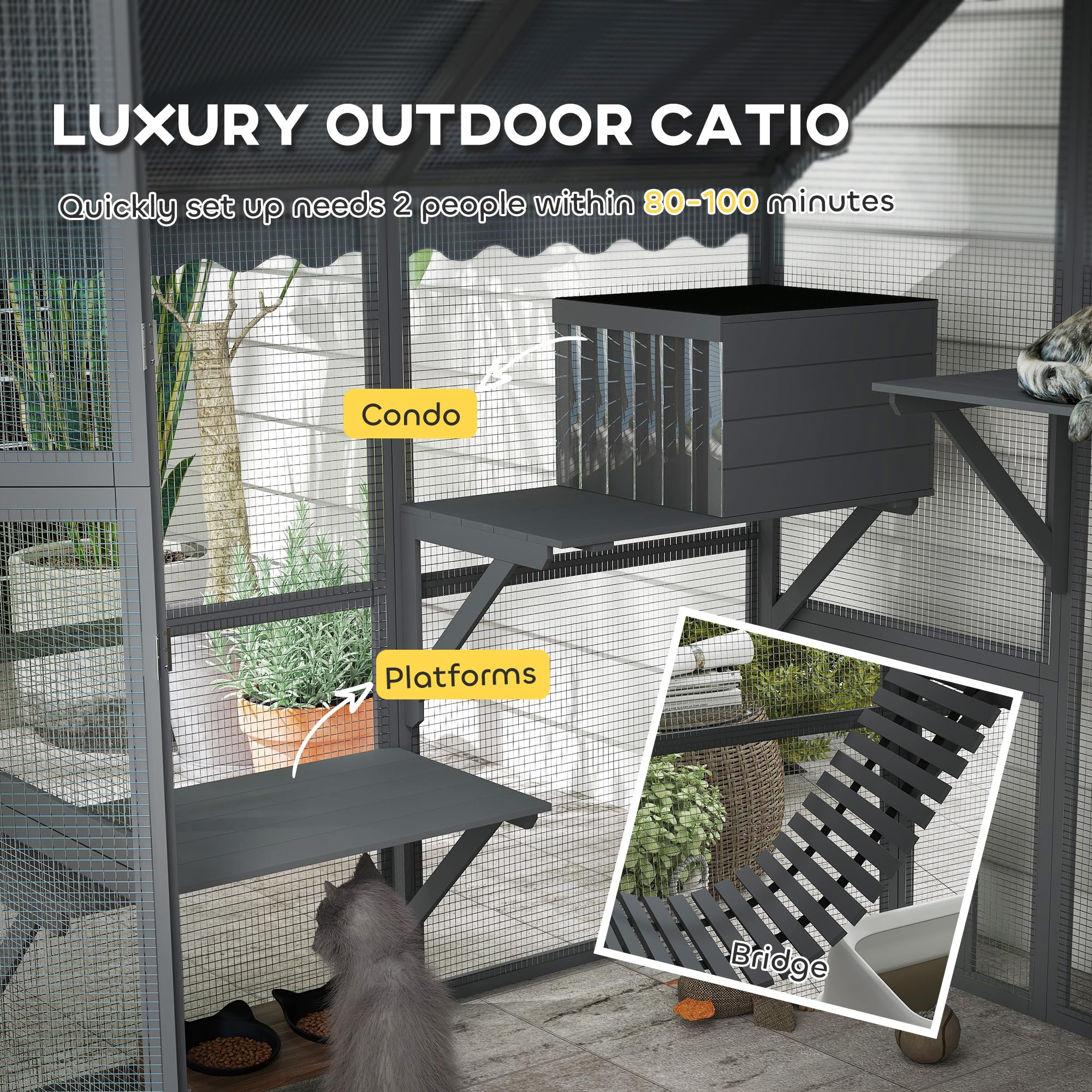 Pawhut Large Catio Outdoor Cat Enclosure For Multiple Kittens, Wooden Cat House With Waterproof Cover, Walk In Kitty Cage Kennel