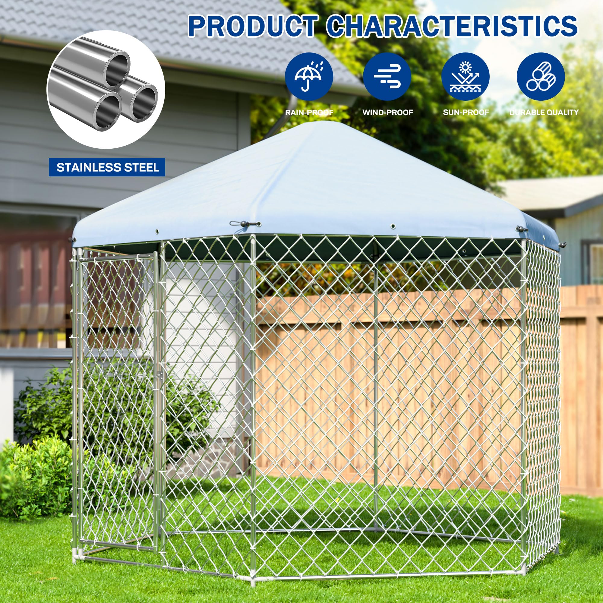 Polar Aurora Outdoor Dog Kennel With Roof,Large Dog Kennel Outside With Metal Gate,Heavy Duty Chain Link Dog Kennel With Secure