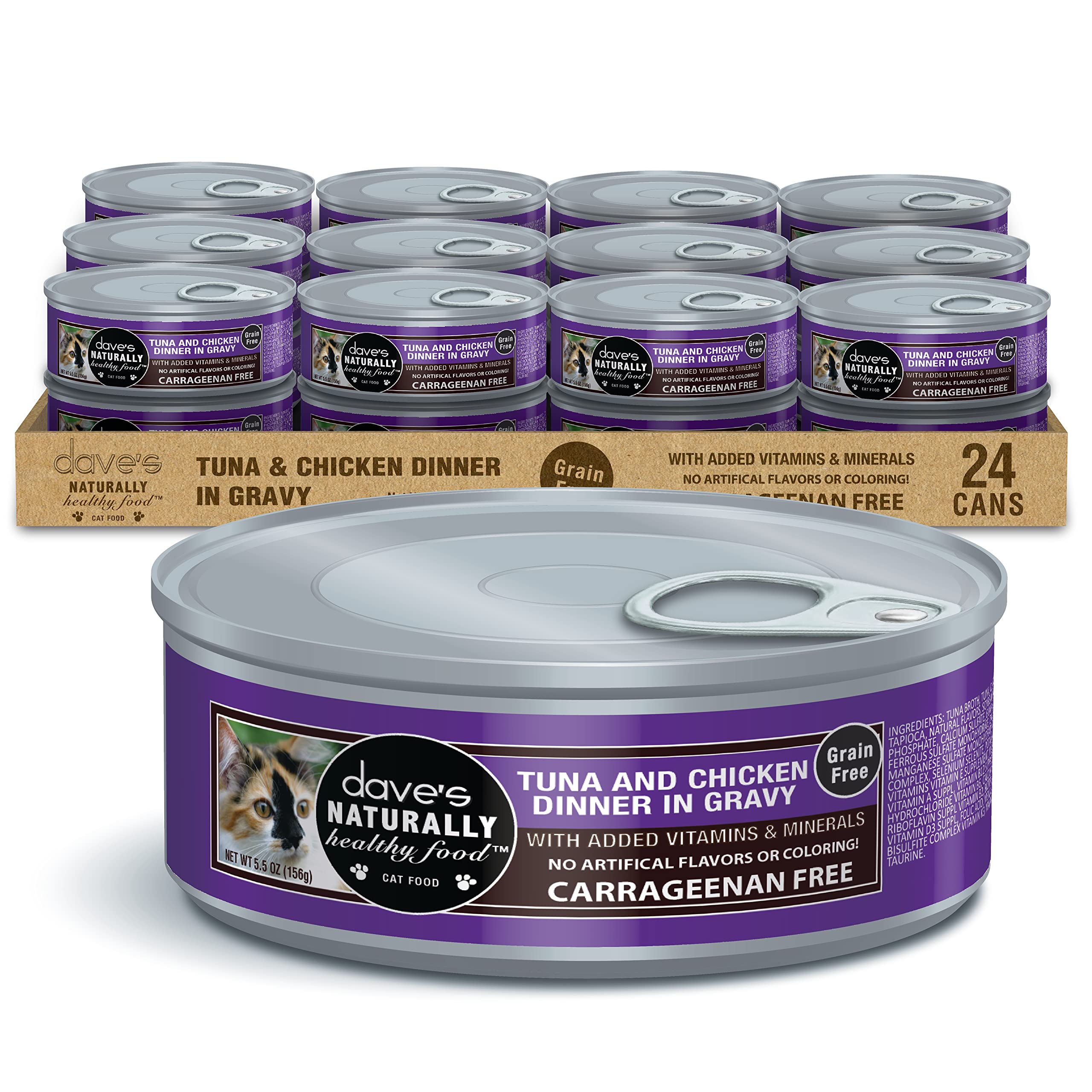 Daves Pet Food Grain Free Wet Cat Food Gravy (Tuna & Chicken Dinner in Gravy), Naturally Healthy Canned, Added Vitamins, 5.5 oz