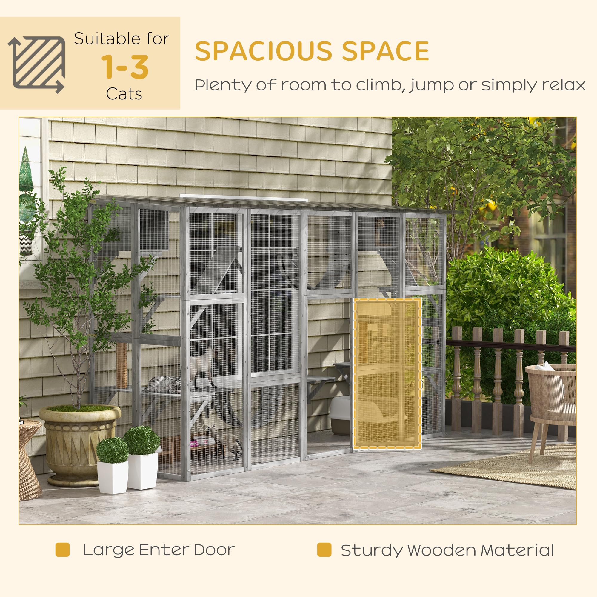 Pawhut Catio Playground Cat Window Box Outside Enclosure, Outdoor Cat House With Weather Protection Roof For Multiple Kitties, Wooden Frame, Shelves & Bridges, 118' X 37.5' X 74', Gray