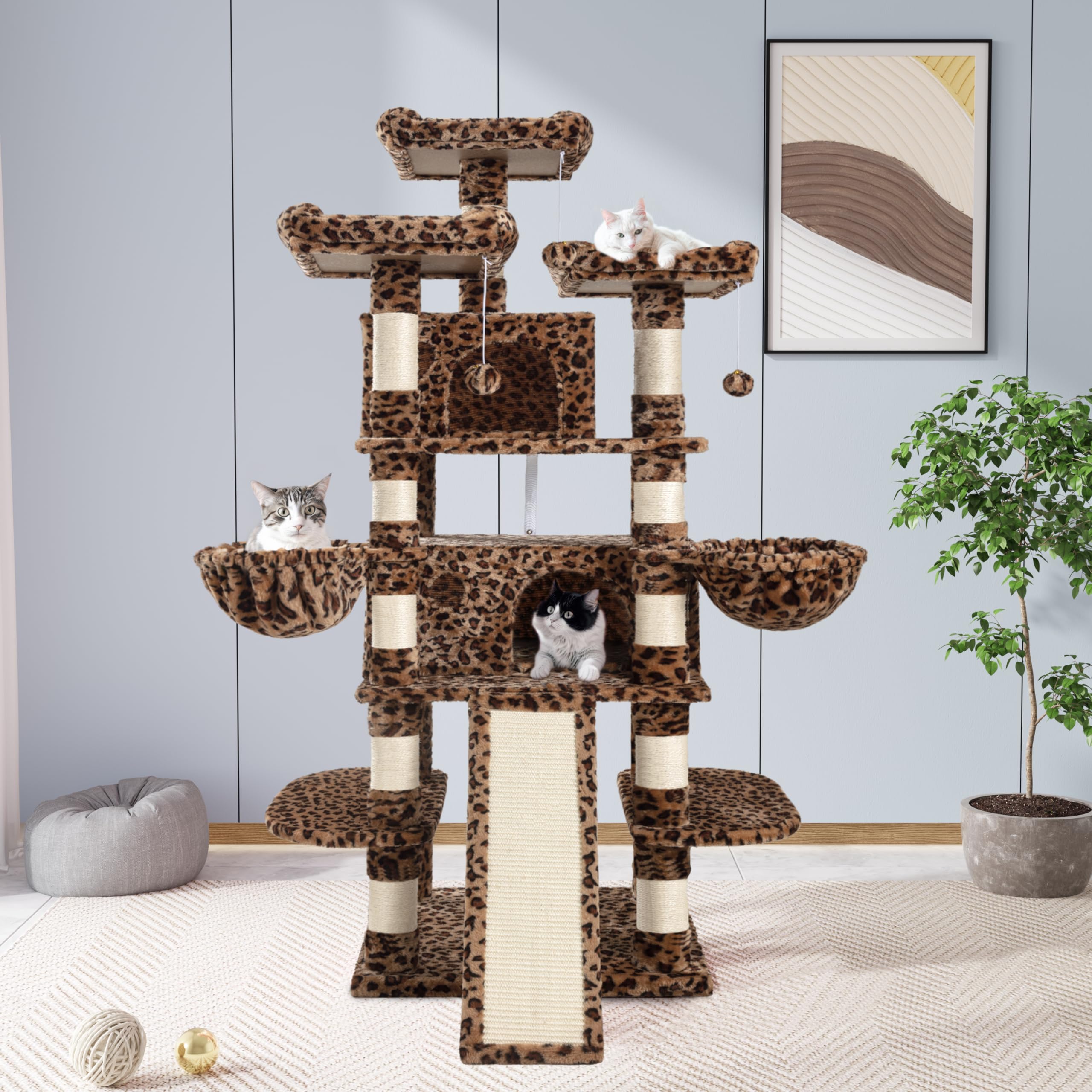 Allewie 68 Inches Cat Tree/House And Towers For Big Feline/Scratching Post/Multi-Level Large Kitty Climbing Tree With Condo/Leop