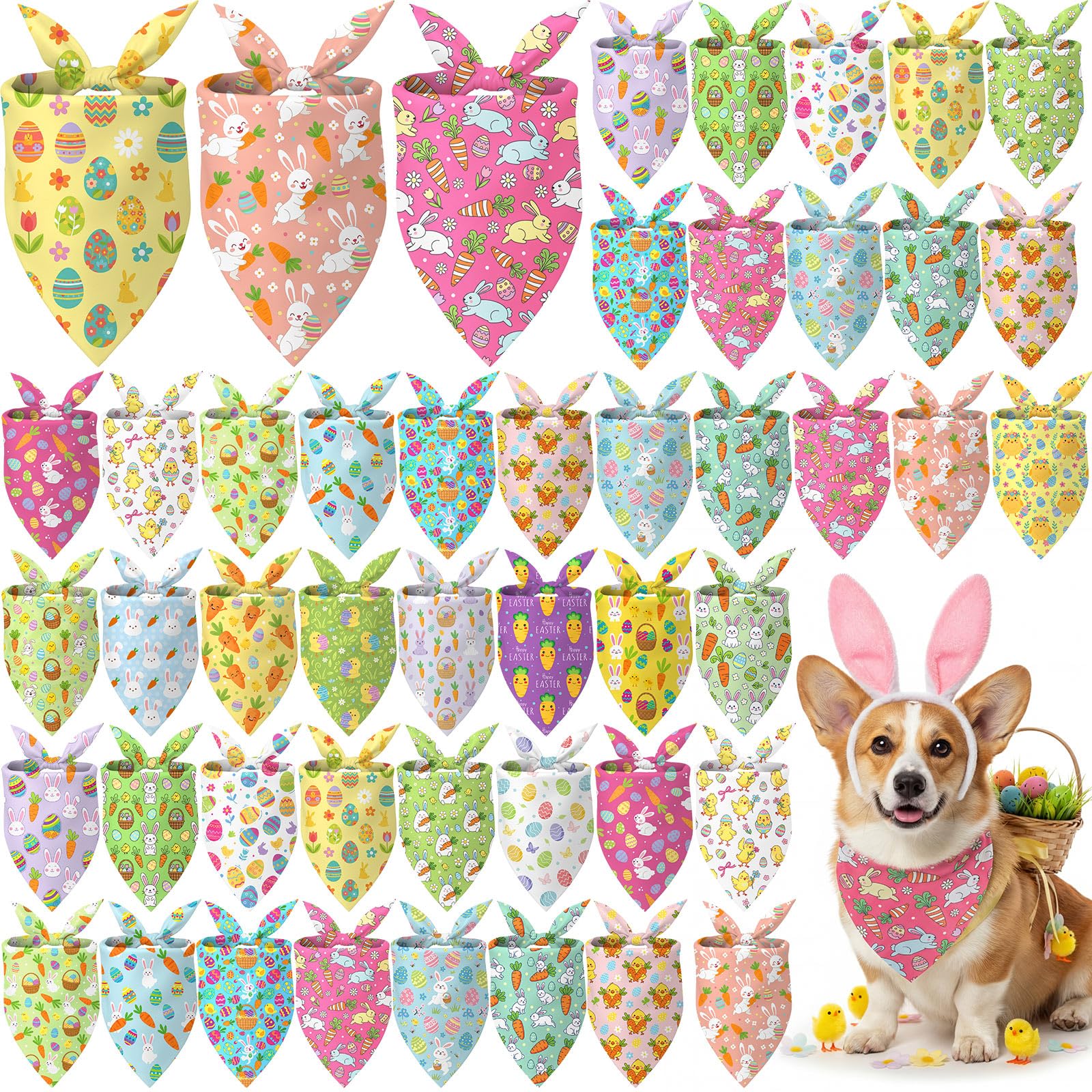 Abbylike 50 Pcs Easter Dog Bandanas Bulk Bunny Egg Carrot Bandanas for Dogs Triangle Kerchief Bibs Scarf Set for Pet Easter Cost