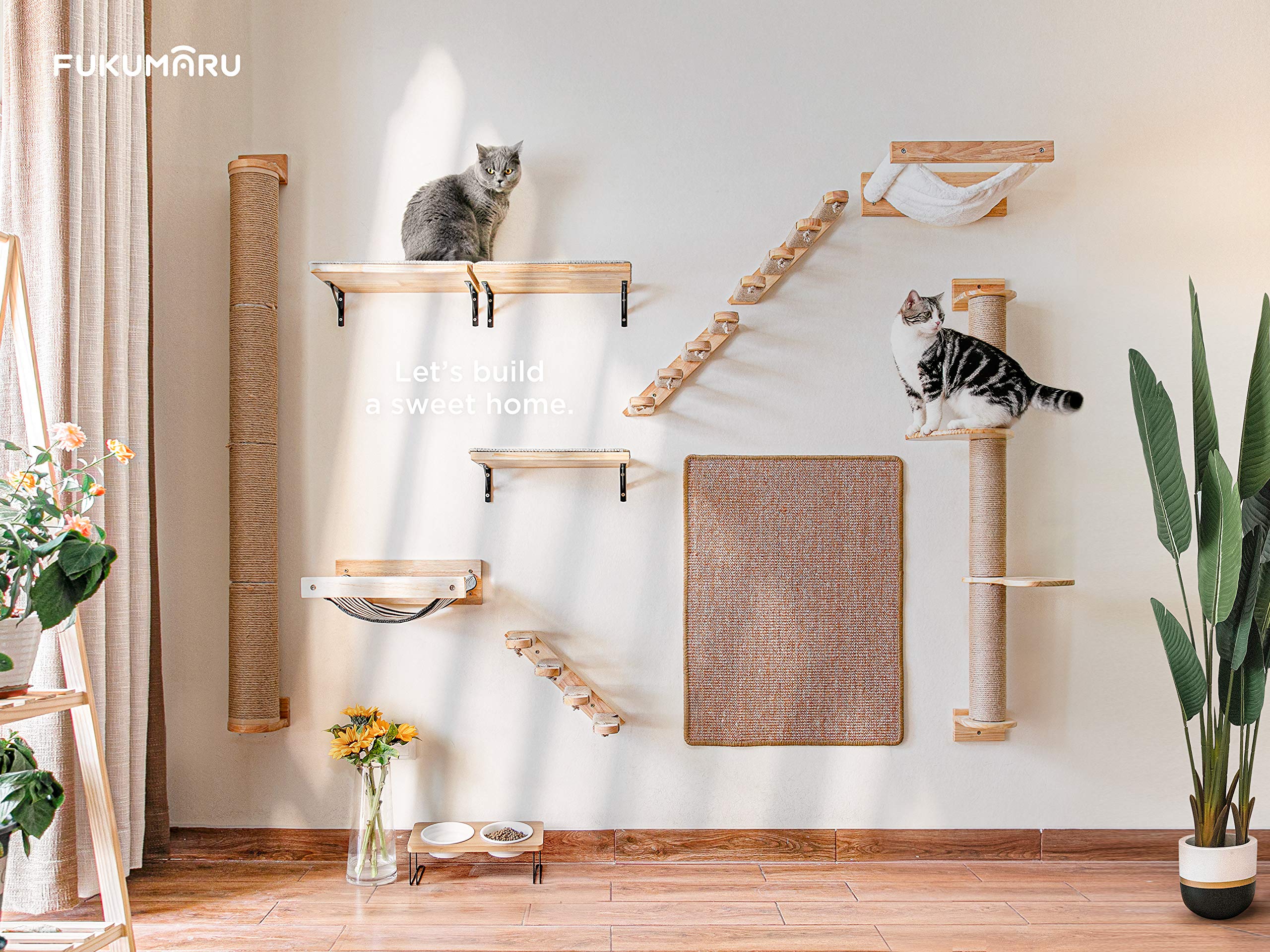 FUKUMARU Cat Climbing Shelf Wall Mounted, Four Step Cat Stairway with Jute Scratching for Kitten Perch Platform Walls Furniture