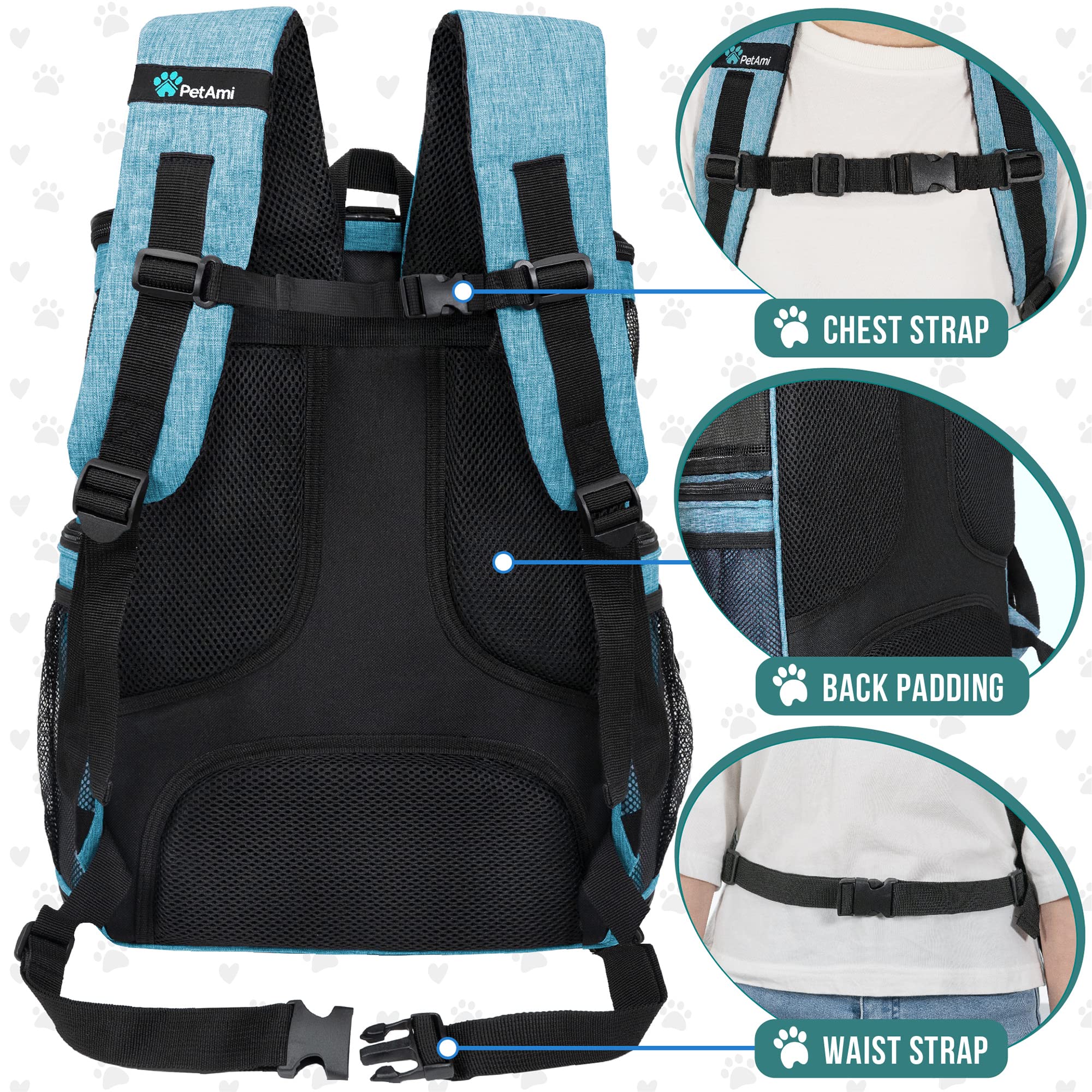 Petami Dog Backpack Carrier, Airline Approved Cat Backpacks For Carrying Small Large Cats, Pet Carrier Back Pack, Ventilated Soft Sided Dog Cat Bookbag For Travel, Hiking, Camping, Turquoise