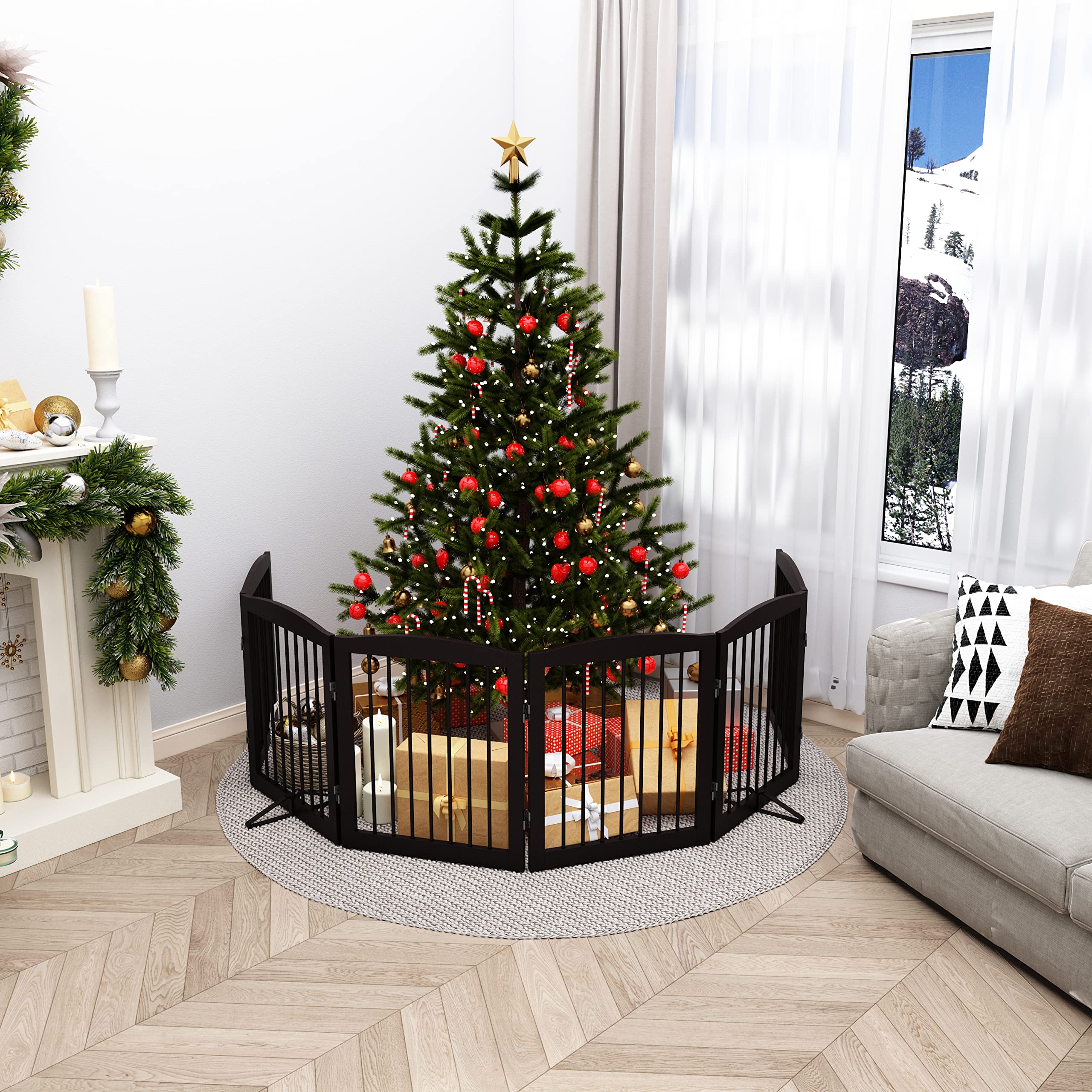 Pupetpo Freestanding Pet Gate For Dogs, Foldable Wooden Dog Gate For House, Extra Wide Dog Gate, Indoor Dog Gate For Stairs, Doorways, Halls, Support Feet Included, 120 Inch Wide, 6 Panels 24', Brown