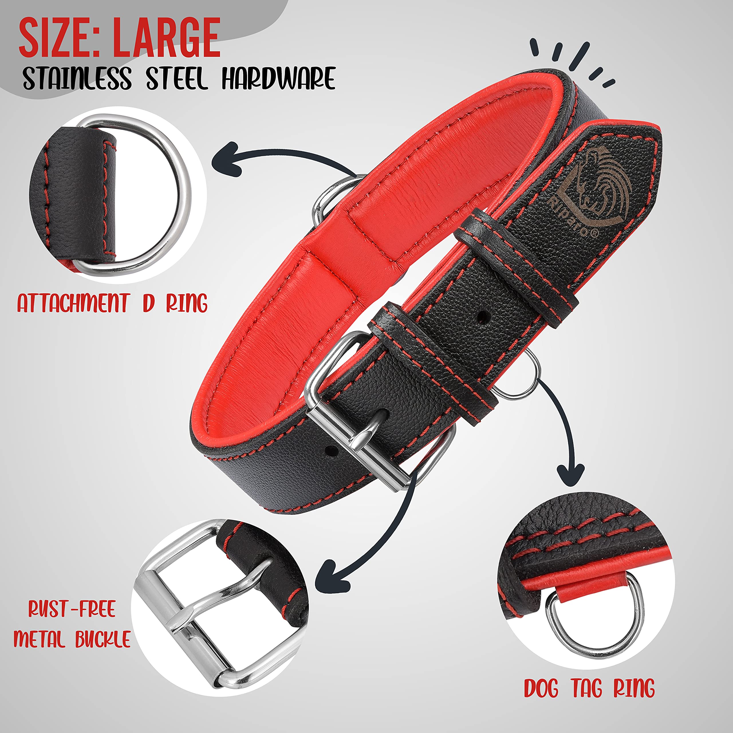Riparo Genuine Leather Padded Dog Heavy Duty K-9 Adjustable Collar (S: 0.75    Wide For 10   -13.5    Neck, Black/Red Thread)