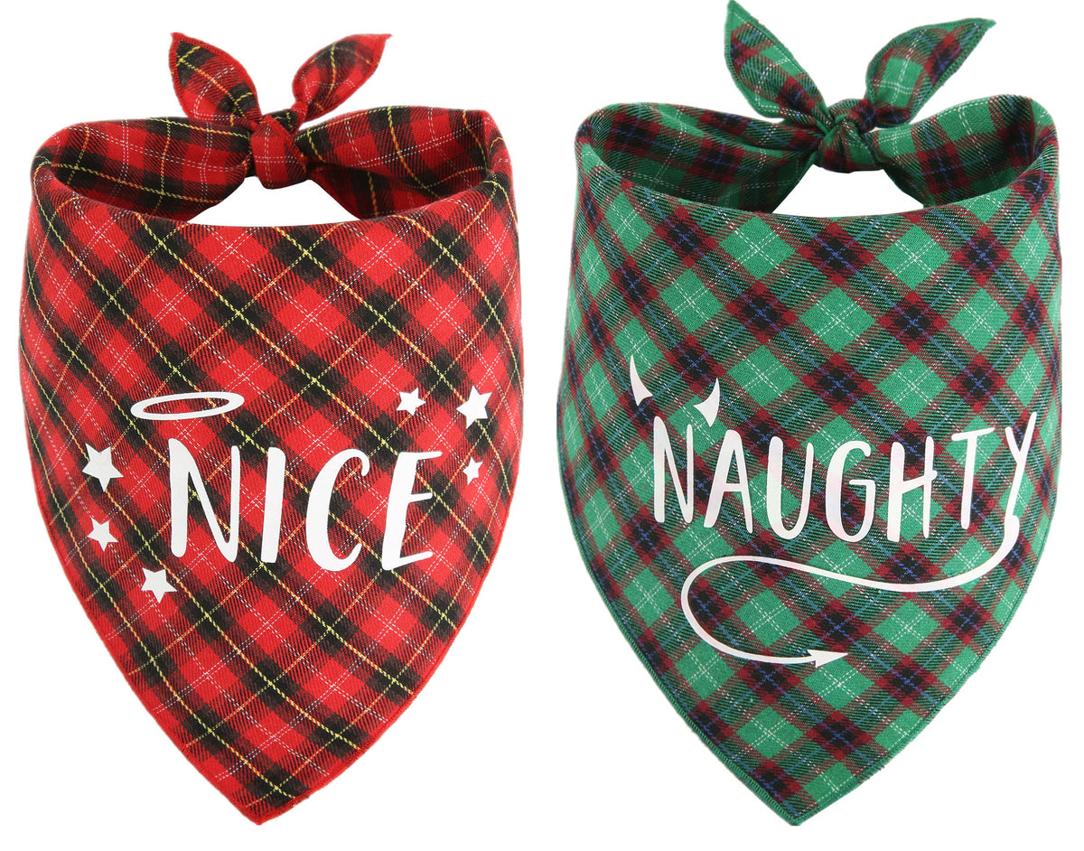 Naughty Nice Dog Bandana 2 Pack, Triangle Reversible Christmas Pet Scarf For Boy Or Girl, Bandana For Small Medium Large Dogs