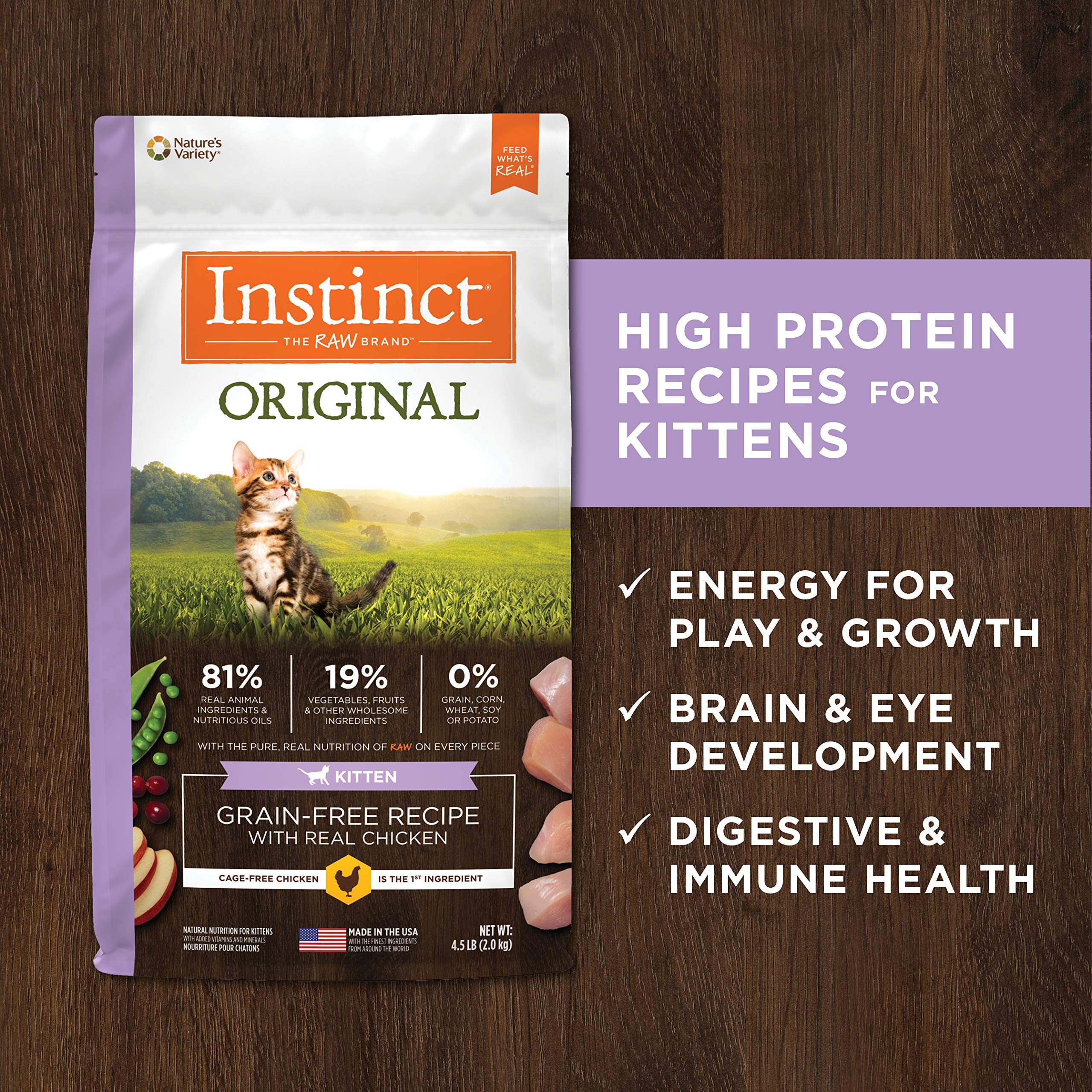 Instinct Original Kitten Dry Cat Food, Raw Coated Kibble, High Protein, Grain Free Recipe - Real Chicken, 4.5 lb. Bag