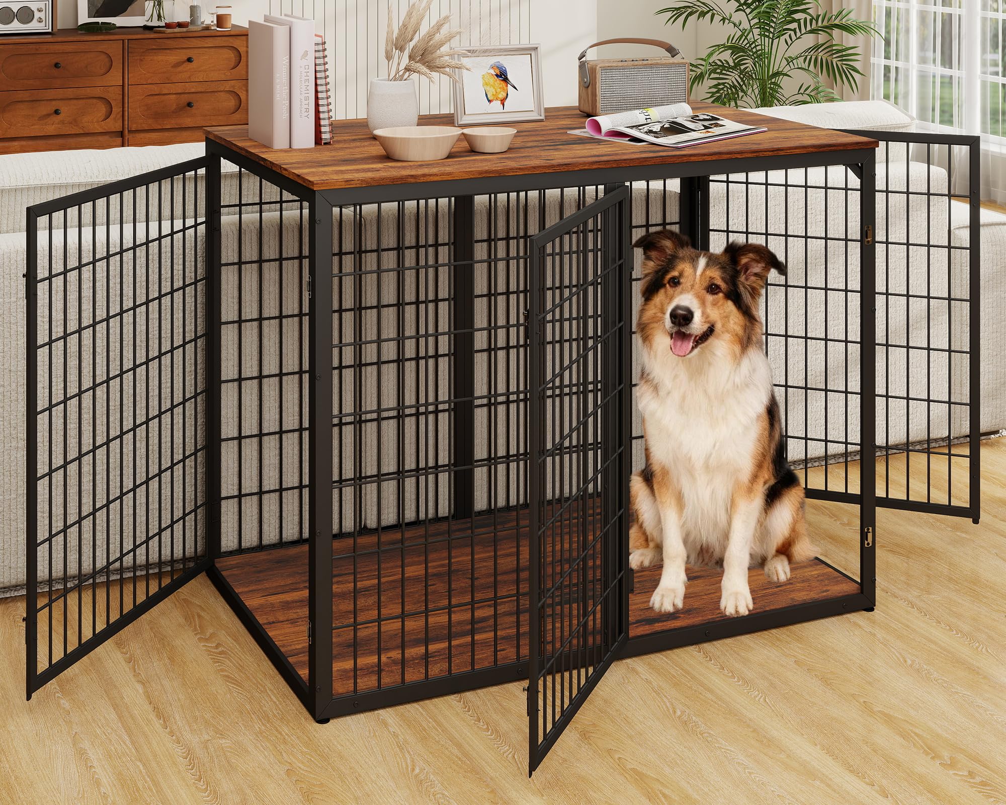 Yafylly 48 Dog Crate Furniture for Medium Large Dogs, Indestructible Large Dog Kennel Indoor with 3 Doors, Wooden Dog Cage Side 