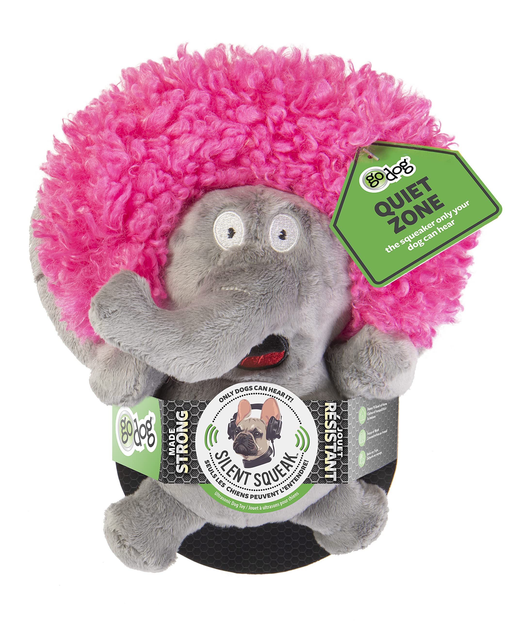 Godog Crazy Hairs Elephant Silent Squeak Plush Dog Toy, Chew Guard Technology - Gray, Small