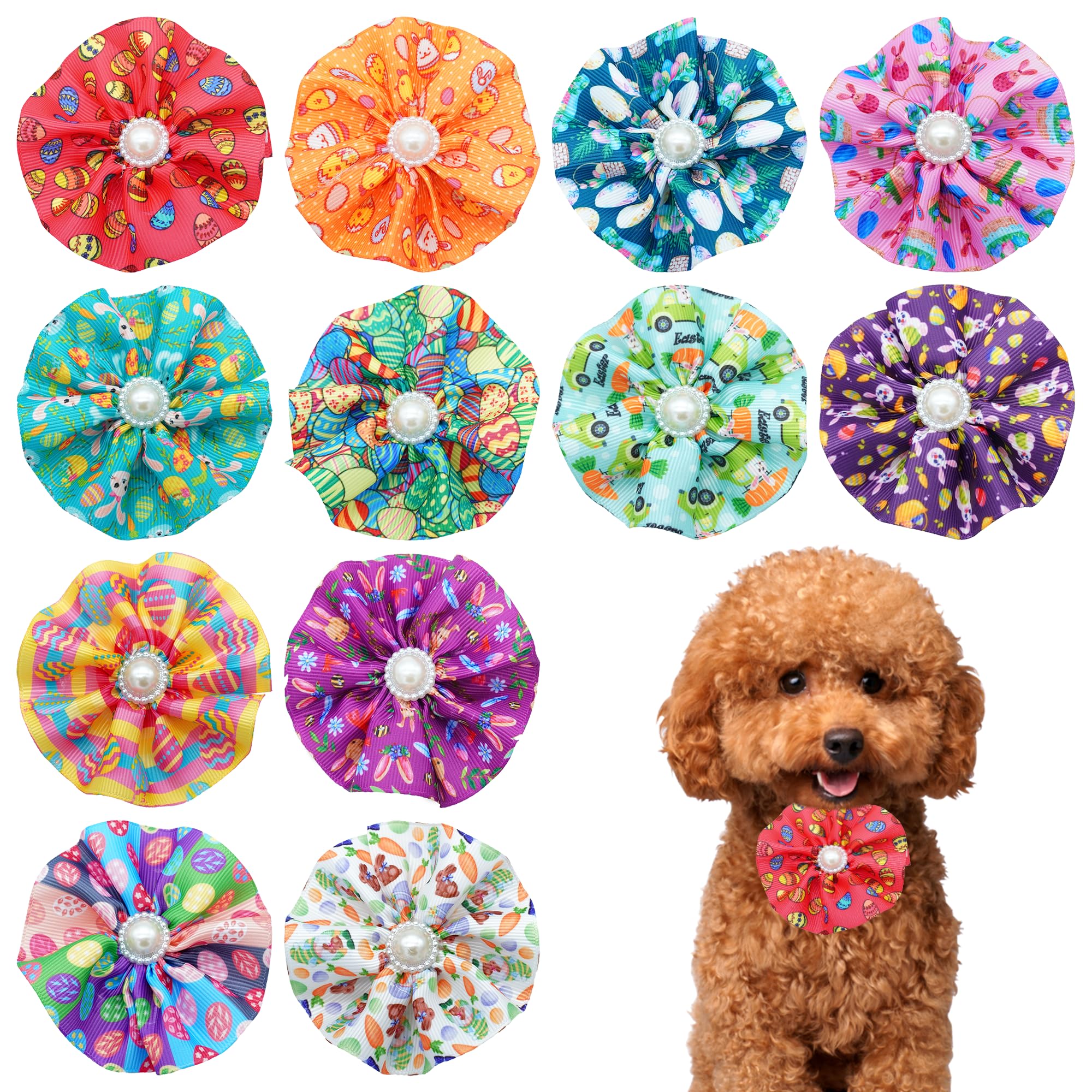 JpGdn 10pcs Small Dogs Collar Flowers for Easter Pet Collar with Beads for Puppy Doggy Cat Rabbit Small Mediums Easter Bunny Egg