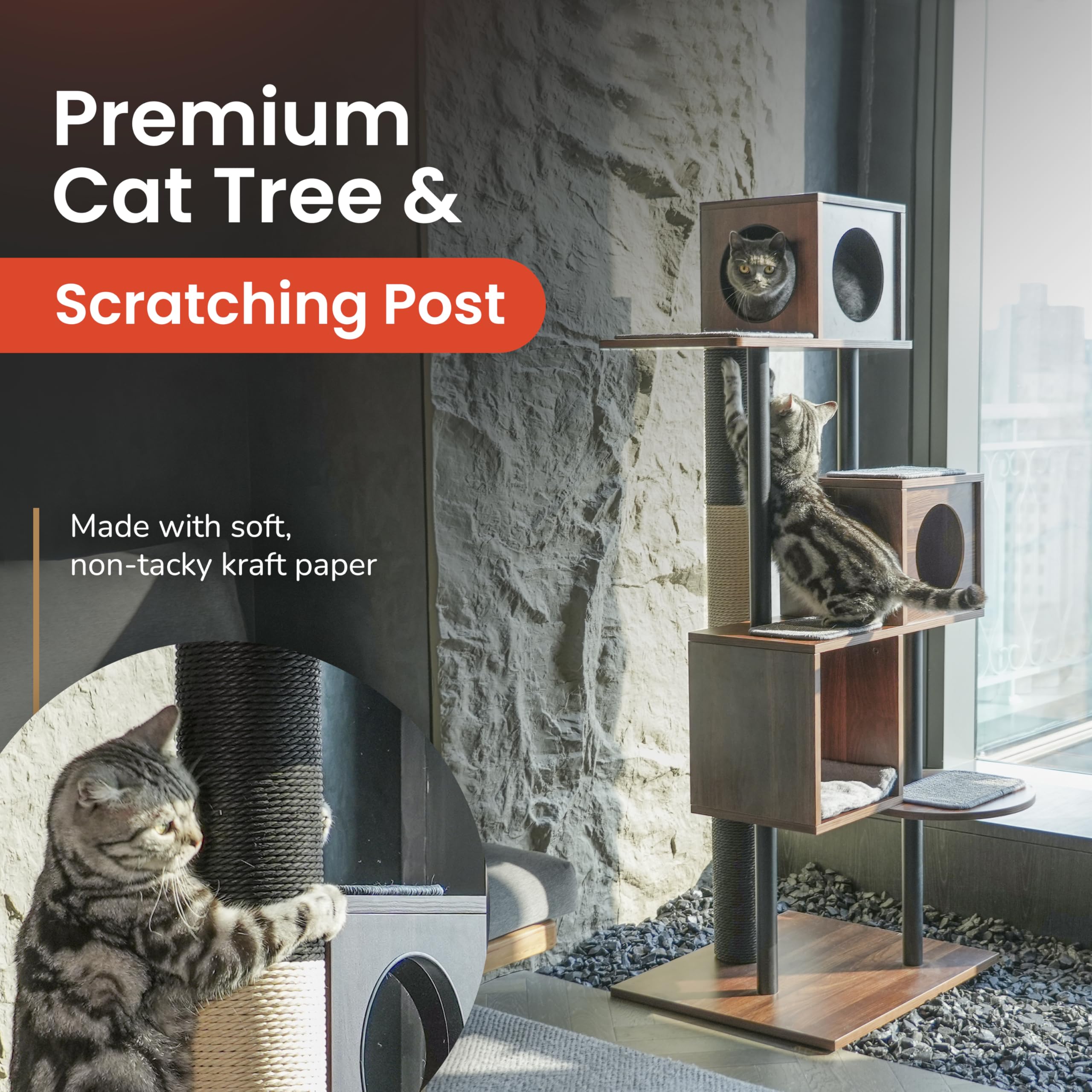 Konelcare Modern Cat Tree-Sleek Wooden Furniture-Style Tower(60'') Blends With Home Decor, Tallest Scratching Post(48''), 3 Cat
