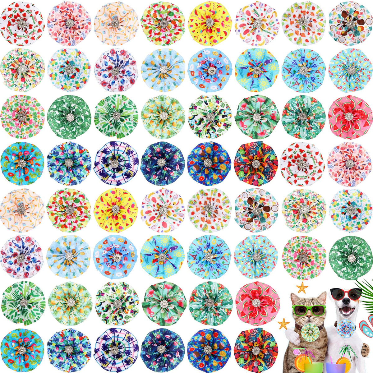 Sanwuta 60 Pcs Dog Collar Bows Flowers Hawaiian Pet Bow Ties Seasonal Pet Accessories Slides Attachment For Small Medium Large D