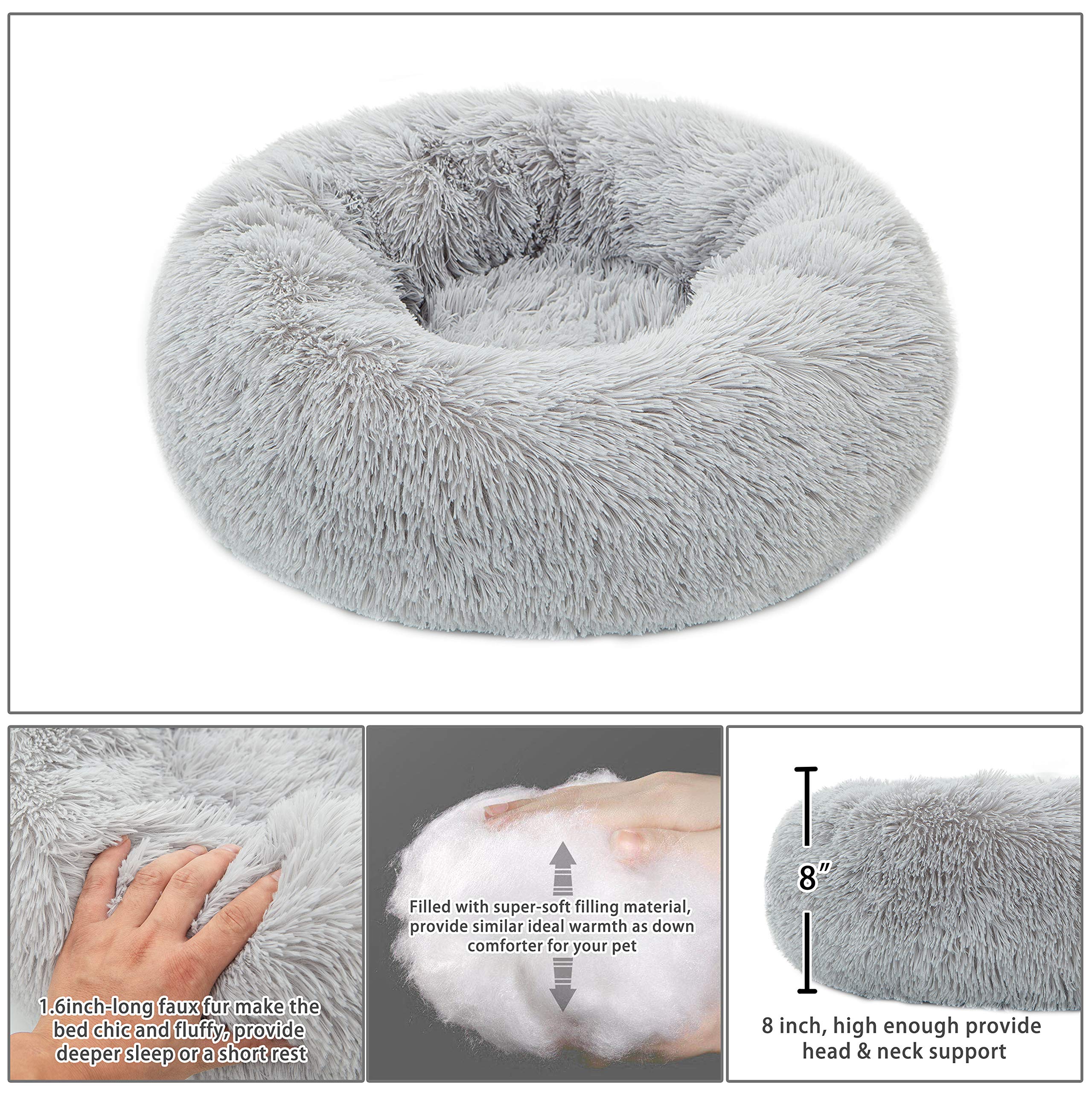 Tormays Calming Donut Dog Bed Medium, Plush Round Cuddler Dog & Cat Bed, Anit-Anxiety Marshmellow Fluffy Faux Fur Cushion (24', Light Grey)