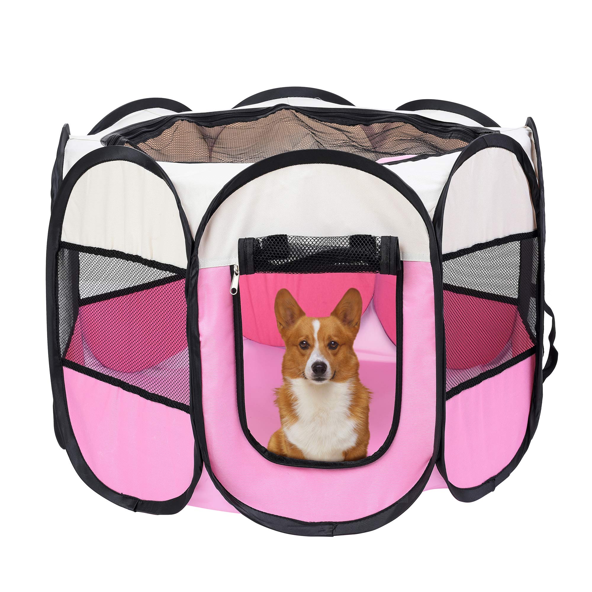 Mile High Life | Foldable Dog Playpen | Portable Dog Crate W Removable Shade Cover | Dog Kennel Indoor/Outdoor W Carry Case | Pen Tent For Dog/Cat/Rabbit(Beige Pink, Medium (36'X36'X23'))