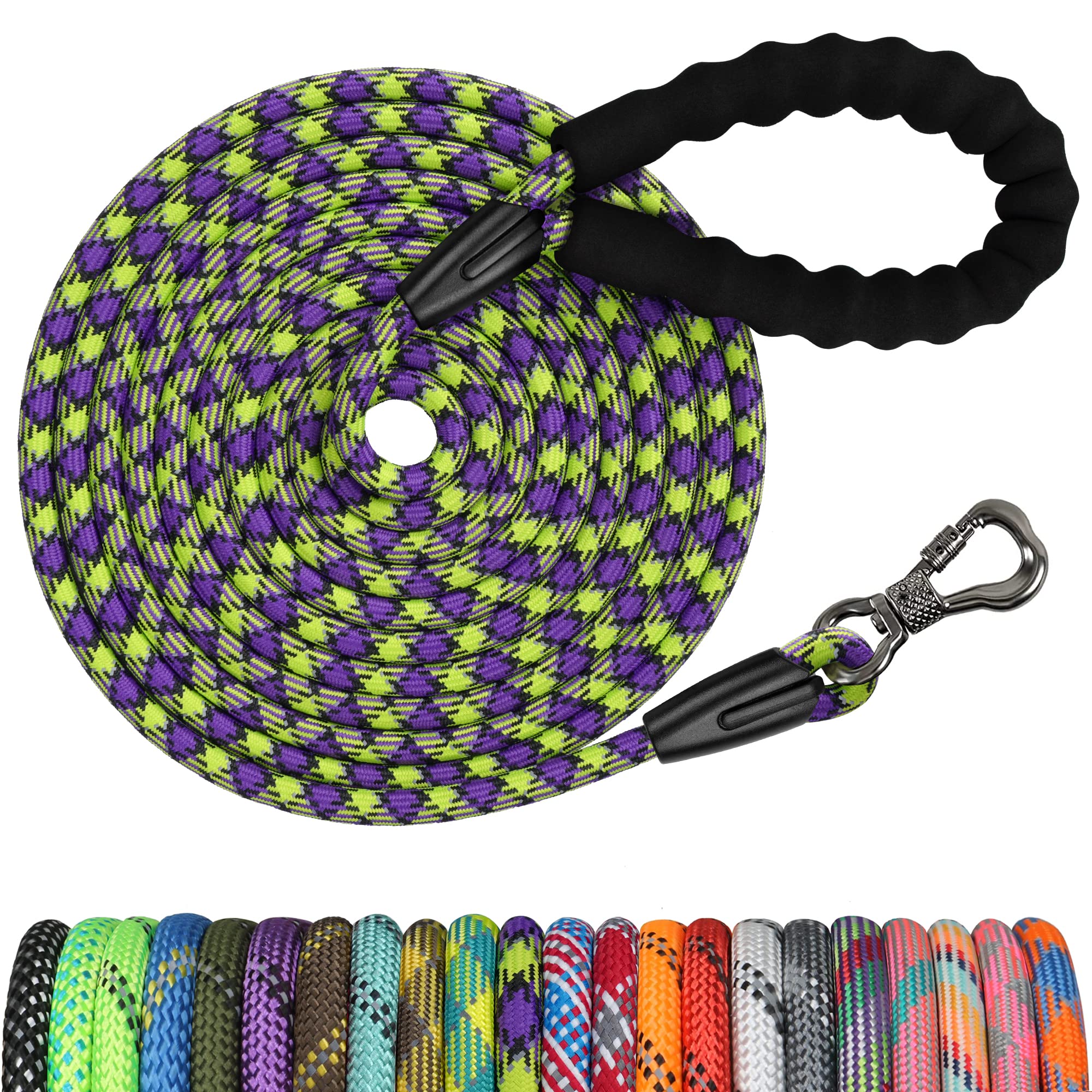 Ntr Long Leash For Dog Training, 30Ft Dog Leashes For Large Breed Dogs With Swivel Lockable Hook And Comfortable Padded Handle,Dog Lead Check Cord For Small Medium And Large Dogs, Purple/Green