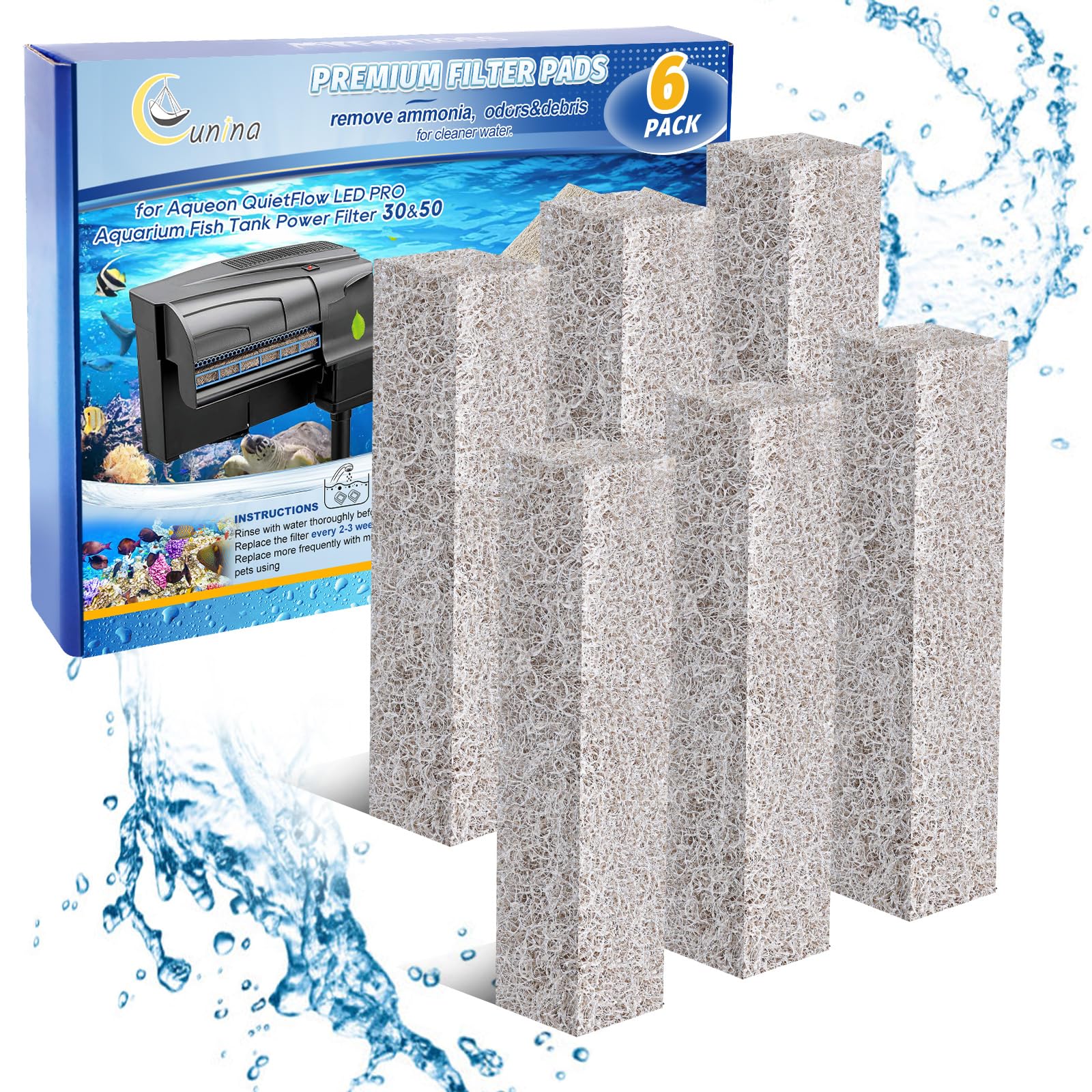 Cunina Ammonia Reducer Filter Pads Compatible With Aqueon Quietflow 30 & 50, Sponge Filters For Aqueon Replacement Filter Cartri