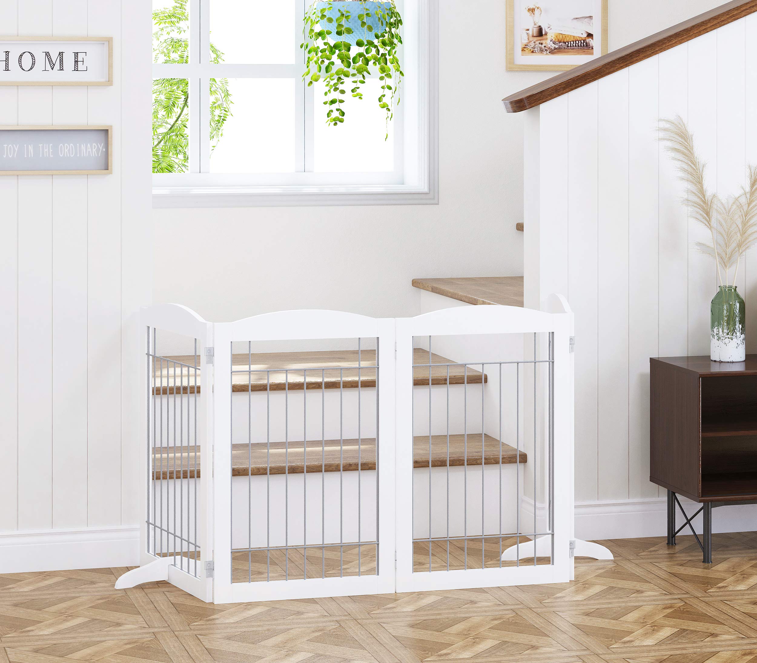 Spirich Extra Wide And Tall Dog Gate For The House, Doorway, Stairs, Freestanding Foldable Wire Pet Gate For Dogs, 80-Inch Wide,30 Inches Tall, White (4 Pannels)