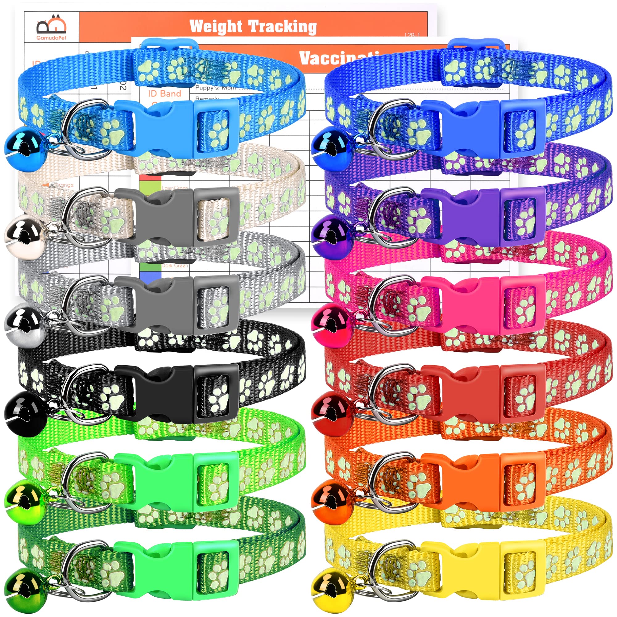 GAMUDA 12Pcs Reflective Puppy Collars, Soft Nylon Whelping Collars, Identification Collars Glow in The Dark, Adjustable Buckle L