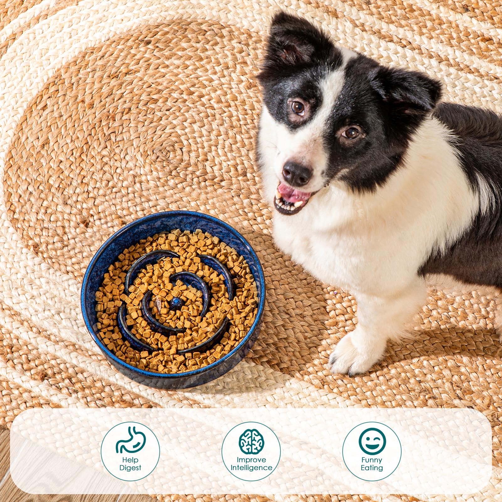 vancasso Slow Feeder Dog Bowl, 3 Cups Ceramic Slow Feeder for Large Breed, Puzzle Maze Dog Food Bowl for Fast Eater, Blue