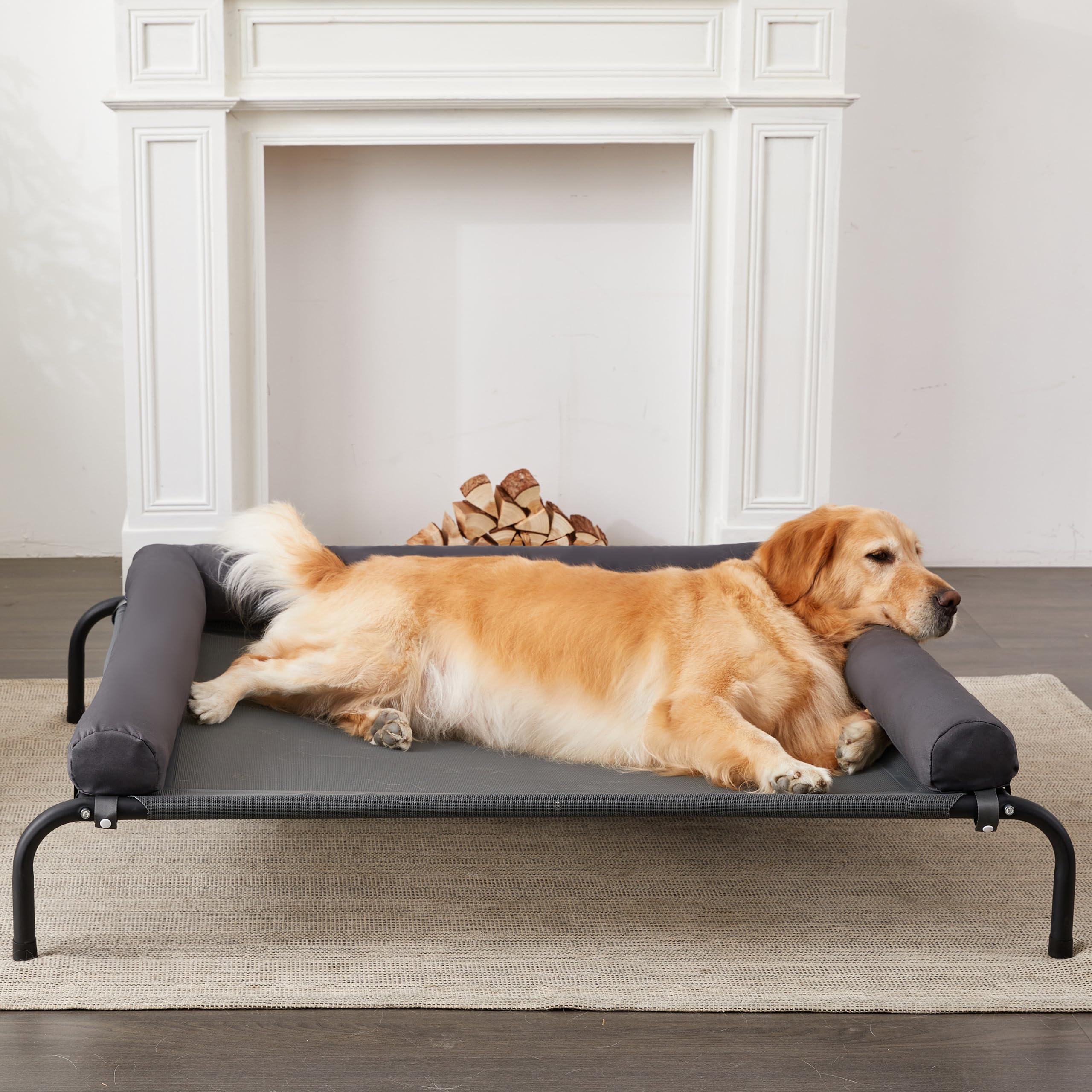 TJSOULER Cooling Elevated Dog Bed with Pillows,Portable Washable Raised Dog Cot Bed with Chew Proof Mesh and Metal Frame,No-Slip