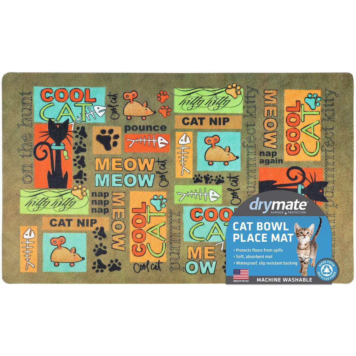 Drymate Cat Bowl Placemat, Pet Food Feeding Mat - Absorbent Fabric, Waterproof Backing, Slip-Resistant - Machine Washable/Durable (Usa Made) (12” X 20”) (Cool Cat Brown)