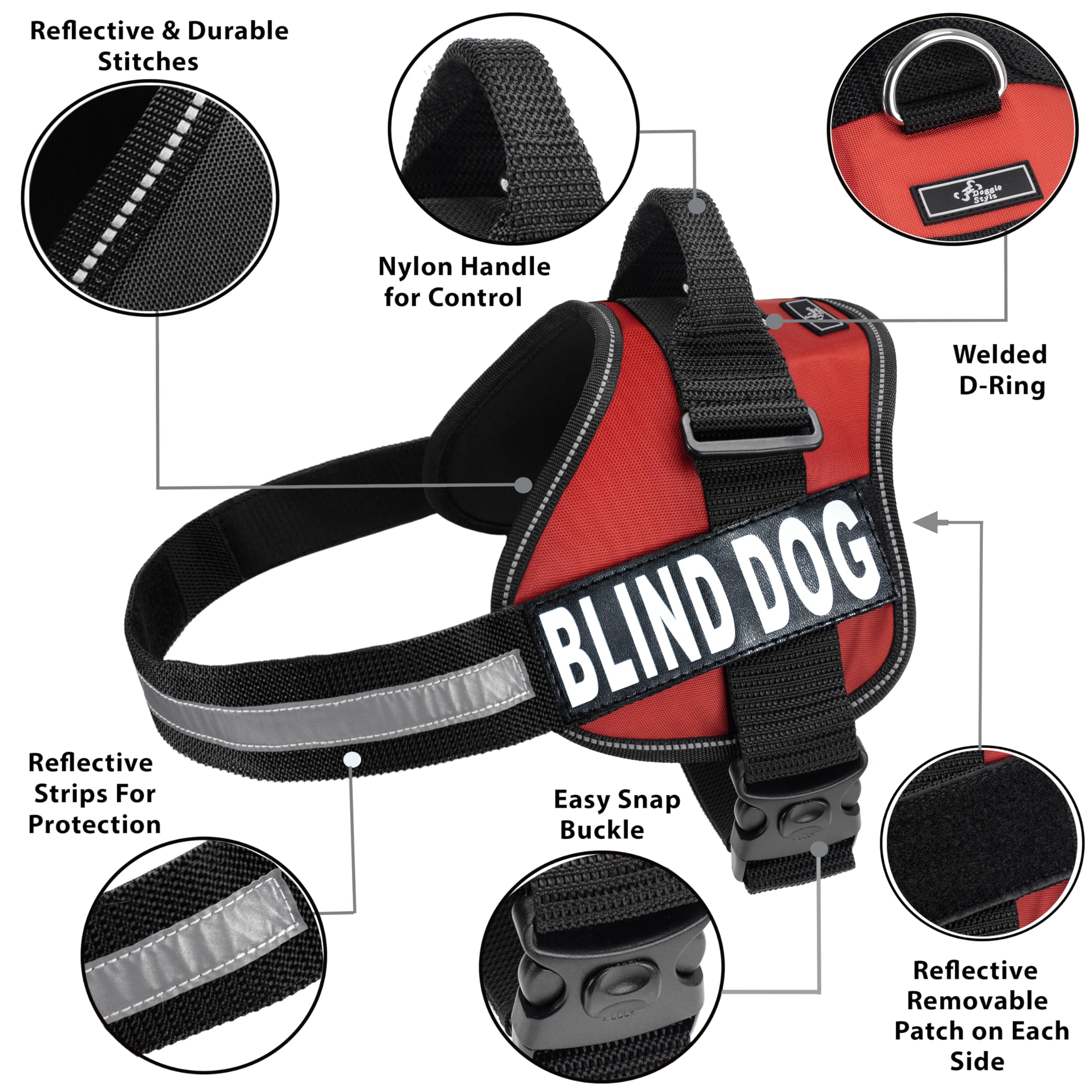 Doggie Stylz Blind Dog Vest Harness with Removable Patches and Reflective Trim. Comes with 2 Blind Dog Reflective Hook and Loop