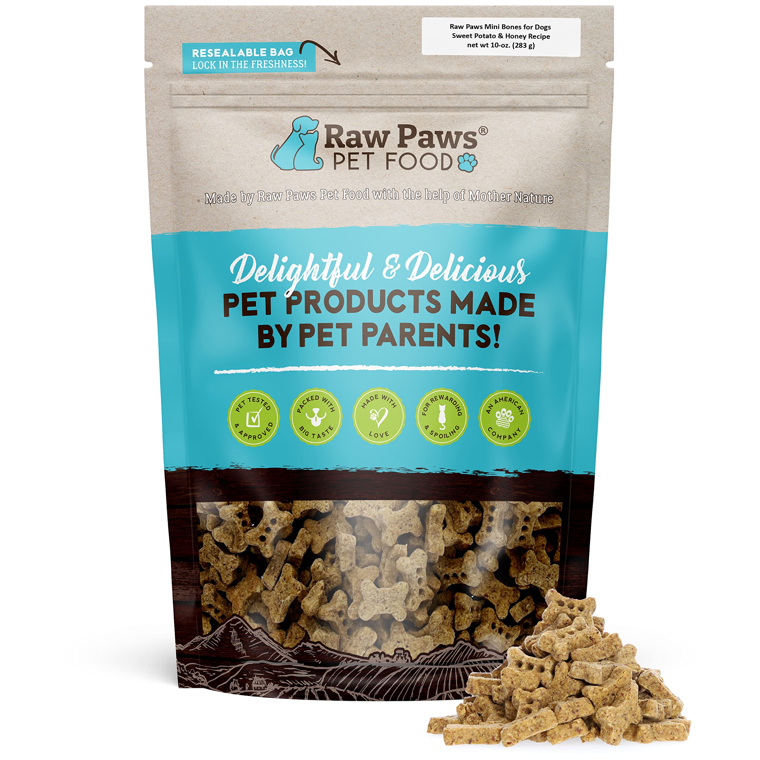 Raw Paws Mini Bones for Dogs - Sweet Potato & Honey Recipe, 10-oz - Made in USA Mini Dog Biscuits, Small Training Treats for Dog